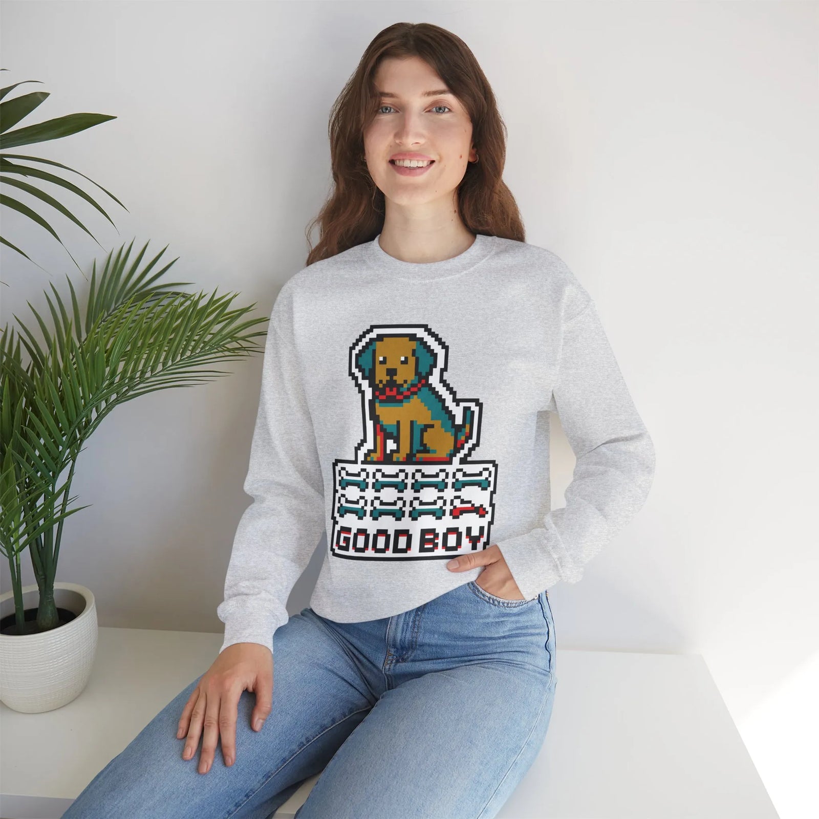 Good Boy 8-Bit Pixel Dogs Sweatshirt - Heavyweight Cotton Blend Crewneck - Unisex White