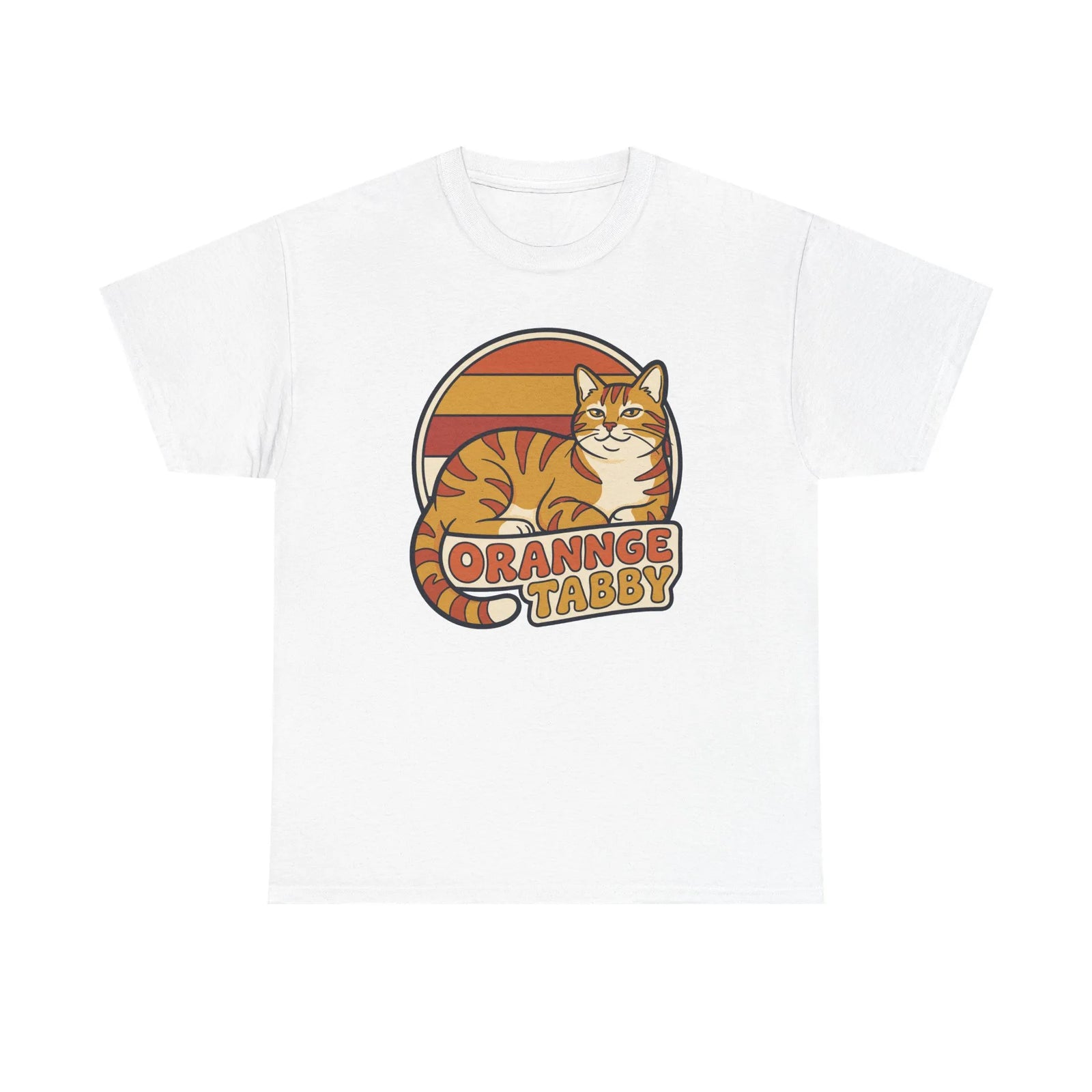 Retro 70s Sunset Orange Tabby T-Shirt - Heavyweight 100% Cotton Classic Fit - Unisex Off White