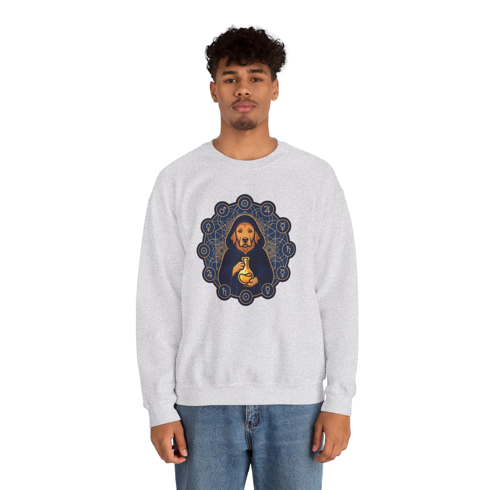 Alchemist Dog Sacred Geometry Spirit Sweatshirt - Heavy Blend Fleece Crewneck - Unisex Ash