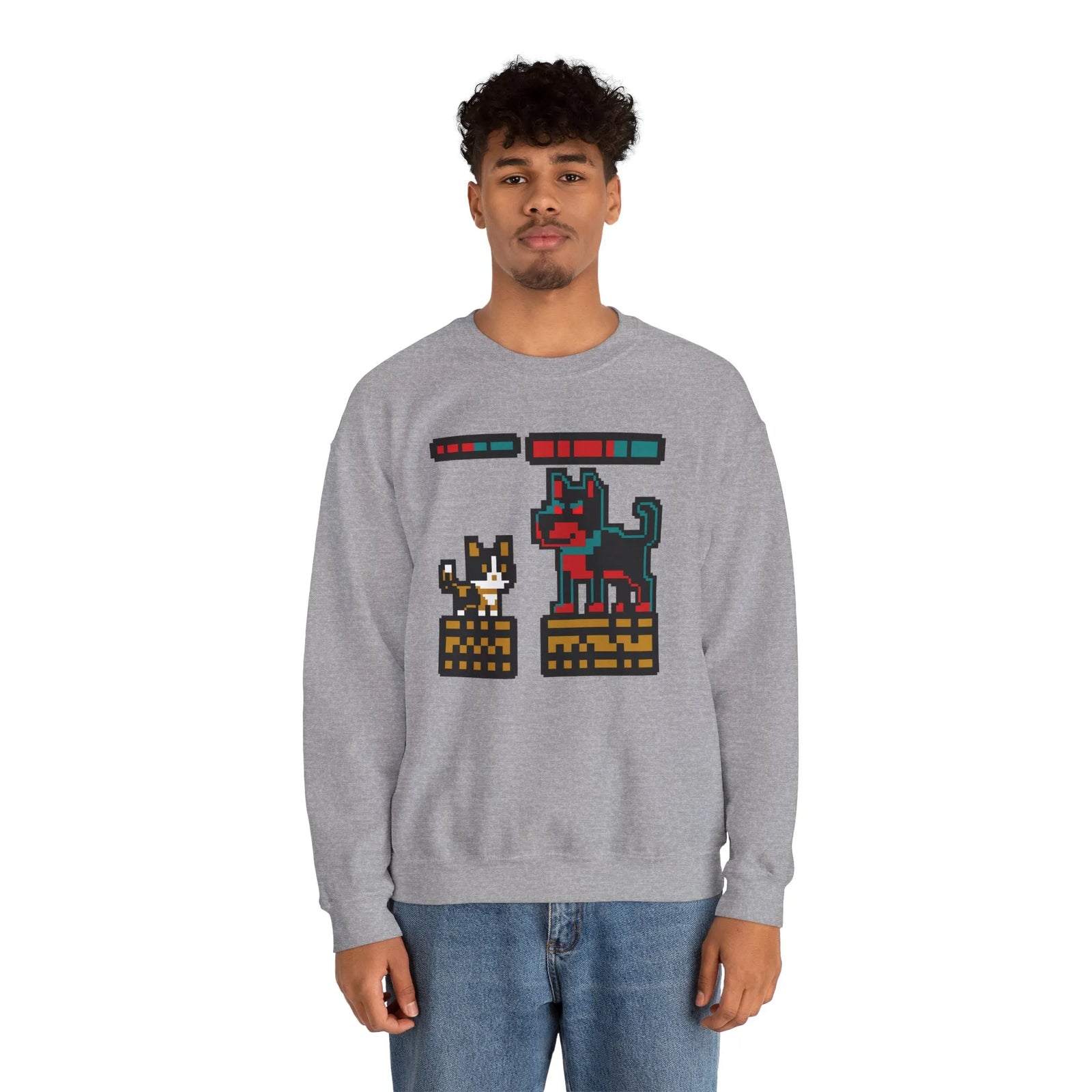 8-Bit Pixel Gaming Cats Boss Fight Sweatshirt - Heavyweight Cotton Blend Crewneck - Unisex Ash