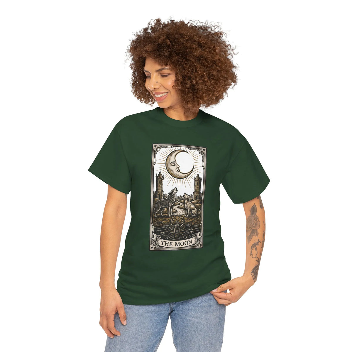 Moonlight Wolves Tarot Graphic T-Shirt - Heavy Cotton Classic Fit Crewneck - Unisex White