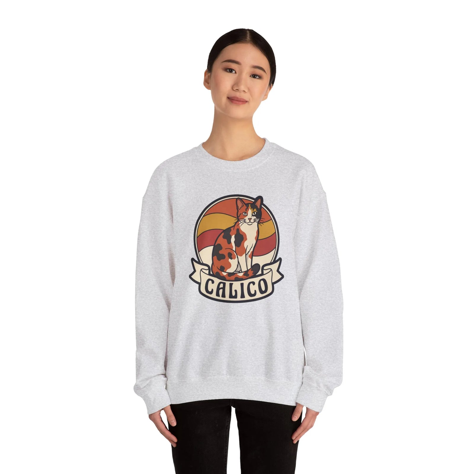 Calico Cat Retro 70s Sunset Sweatshirt - Heavy Blend Classic Fit Fleece - Unisex White