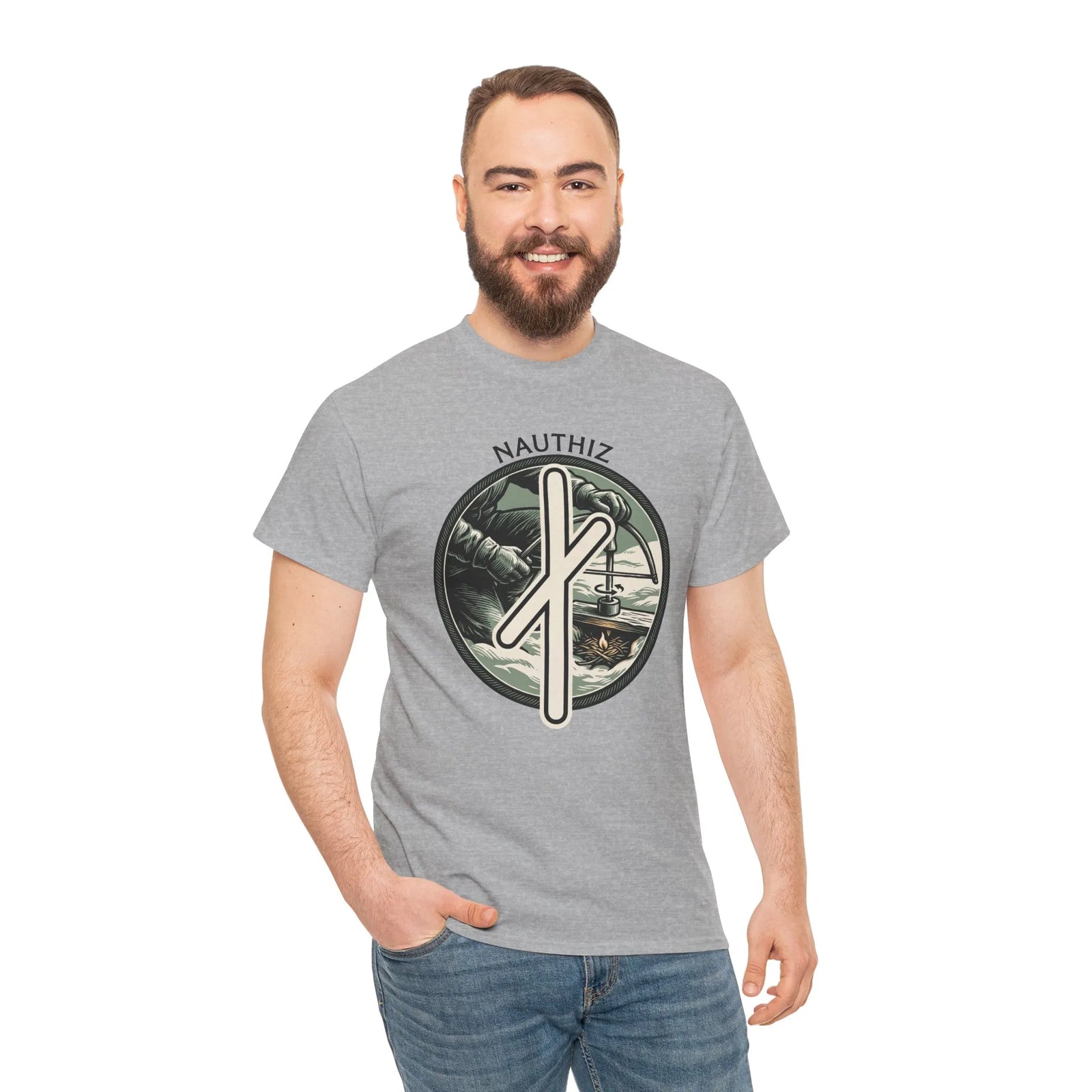 Nauthiz Rune Need Fire T-Shirt - Heavyweight Classic Fit Cotton Tee - Unisex White