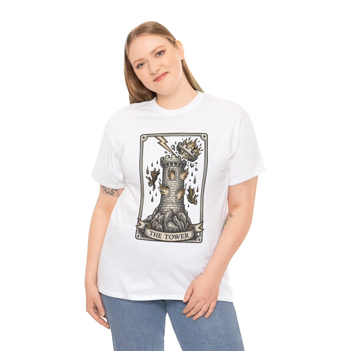 The Tower Tarot Card Graphic T-Shirt - Heavy Cotton Classic Fit Tee - Unisex White