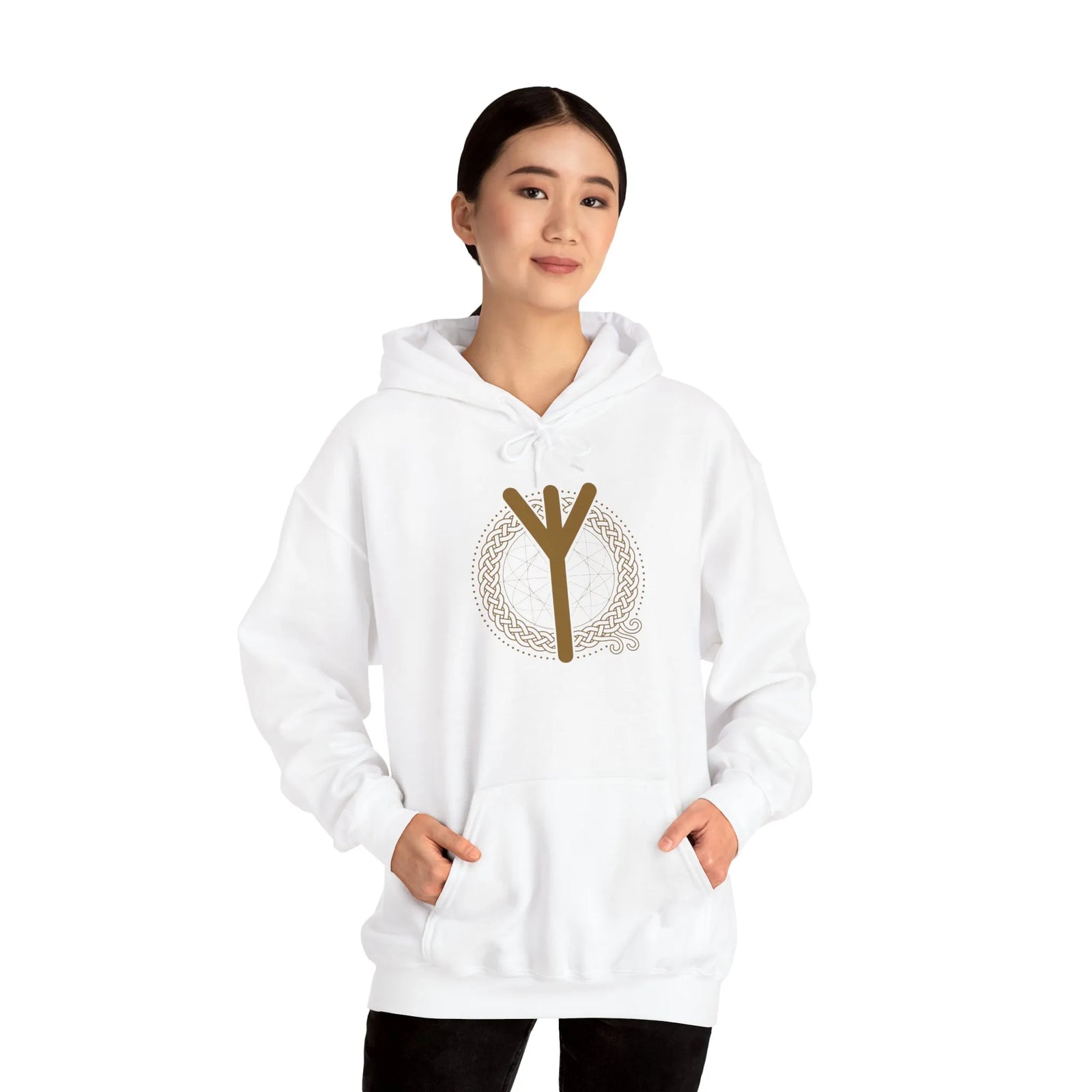 Elhaz Protection Rune Hoodie - Heavy Cotton Blend Fleece Pullover - Unisex White