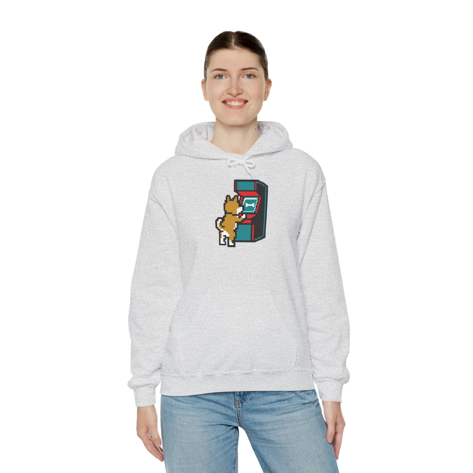 8-Bit Pixel Gaming Dogs Hoodie - Soft Cotton Blend Pullover Fleece - Unisex White