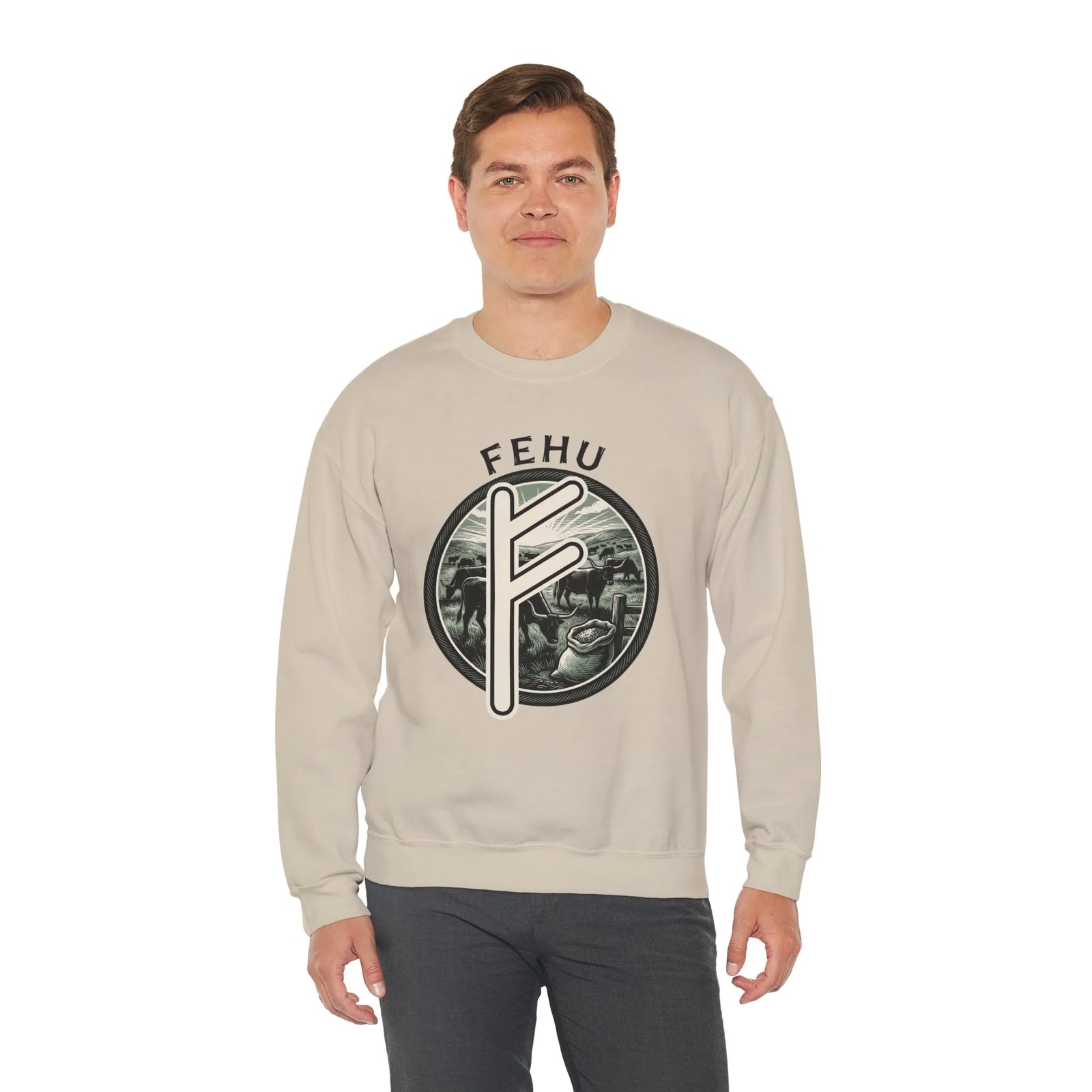 Fehu Rune Wealth Graphic Sweatshirt - Heavyweight 50/50 Fleece Crewneck - Unisex White