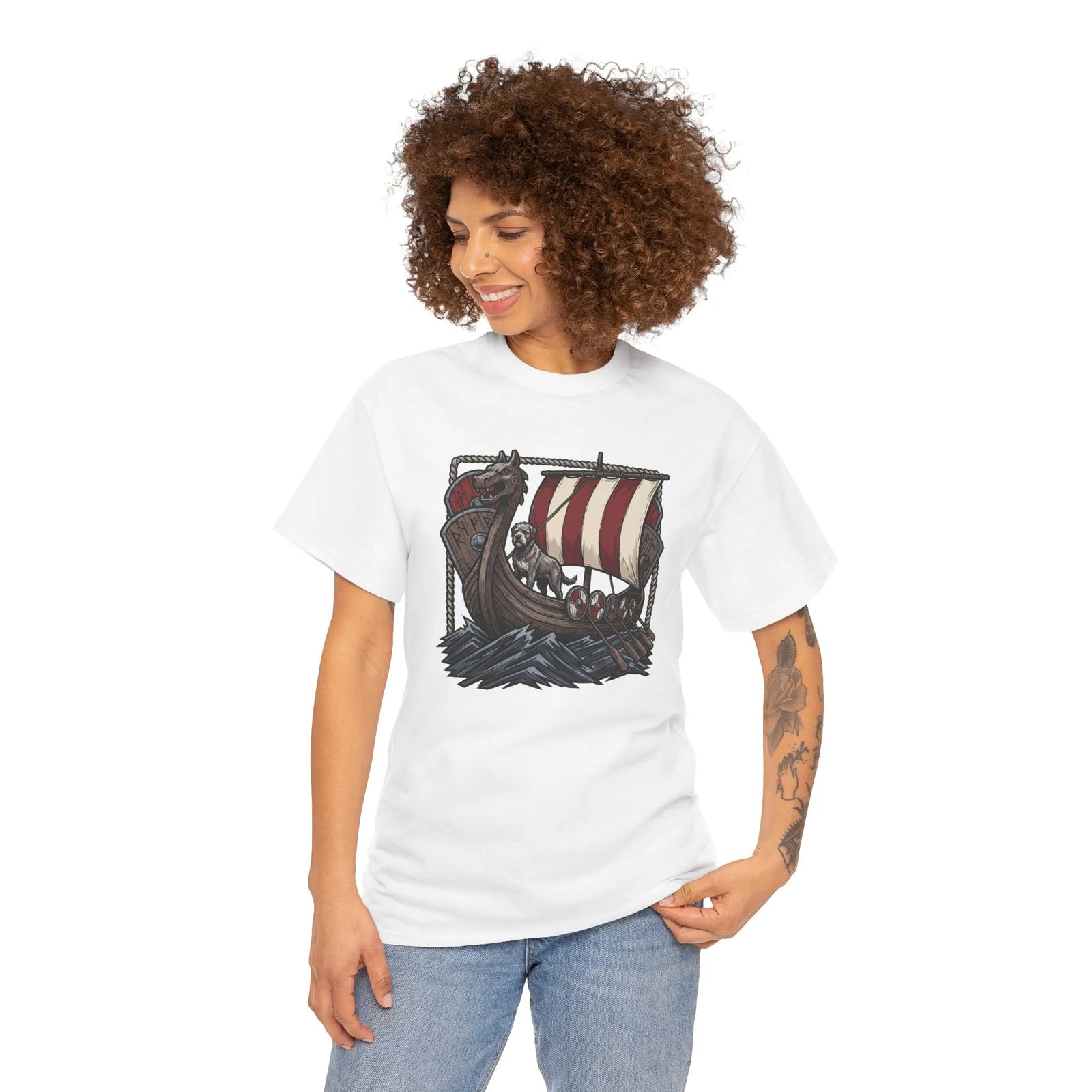 Viking Berserker Dogs Longship T-Shirt - Heavy Cotton Classic Fit Tee - Unisex White