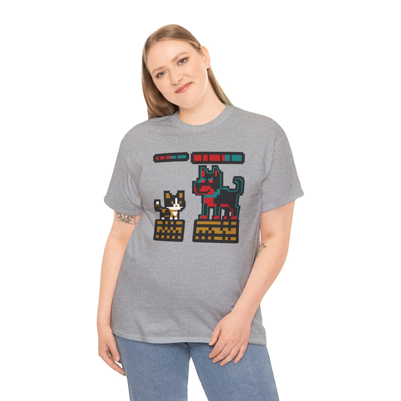 8-Bit Pixel Gaming Cats Boss Fight T-Shirt - Heavy Cotton Classic Fit Tee - Unisex White