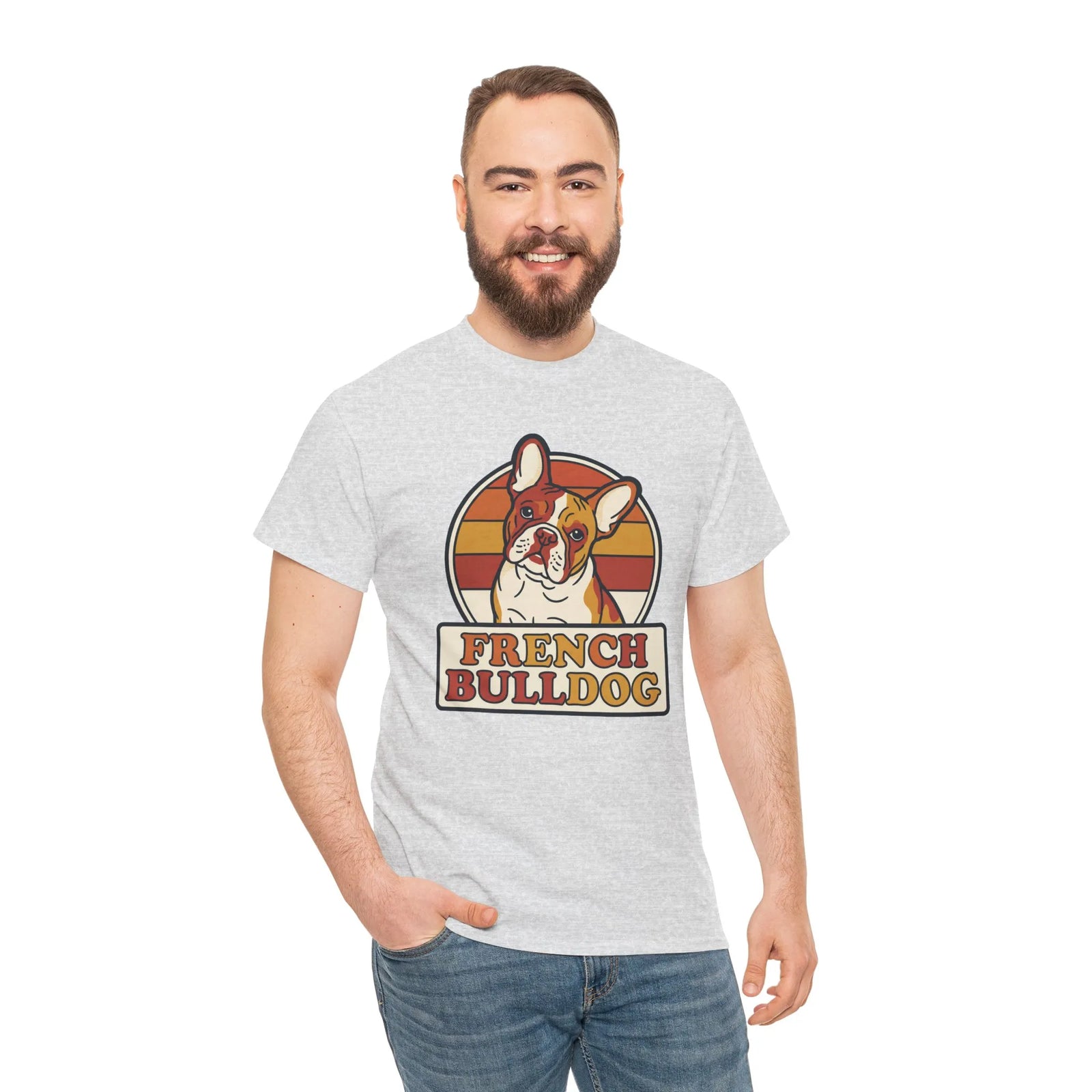 French Bulldog Retro 70s Sunset T-Shirt - Heavy Cotton Classic Fit Tee - Unisex White