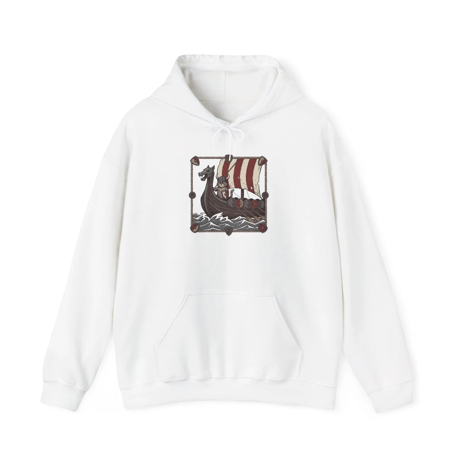 Viking Berserker Cats Longship Hoodie - Warm Cotton-Poly Fleece Pullover - Unisex White