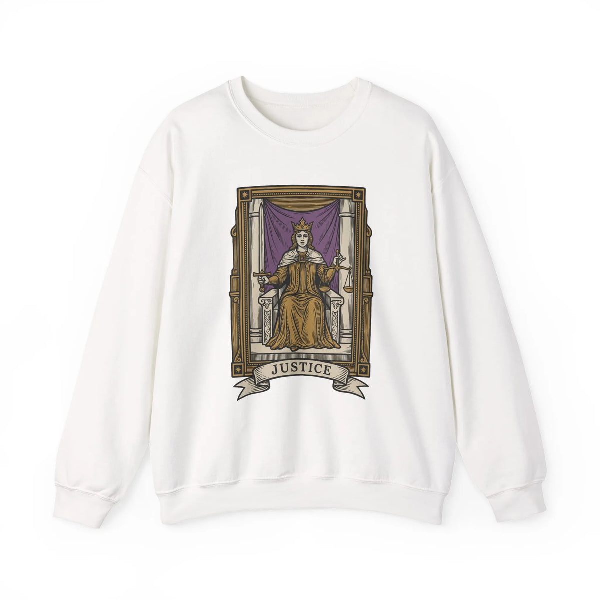 Justice Tarot Card Sweatshirt - Heavy Blend Cotton Poly Crewneck - Unisex White