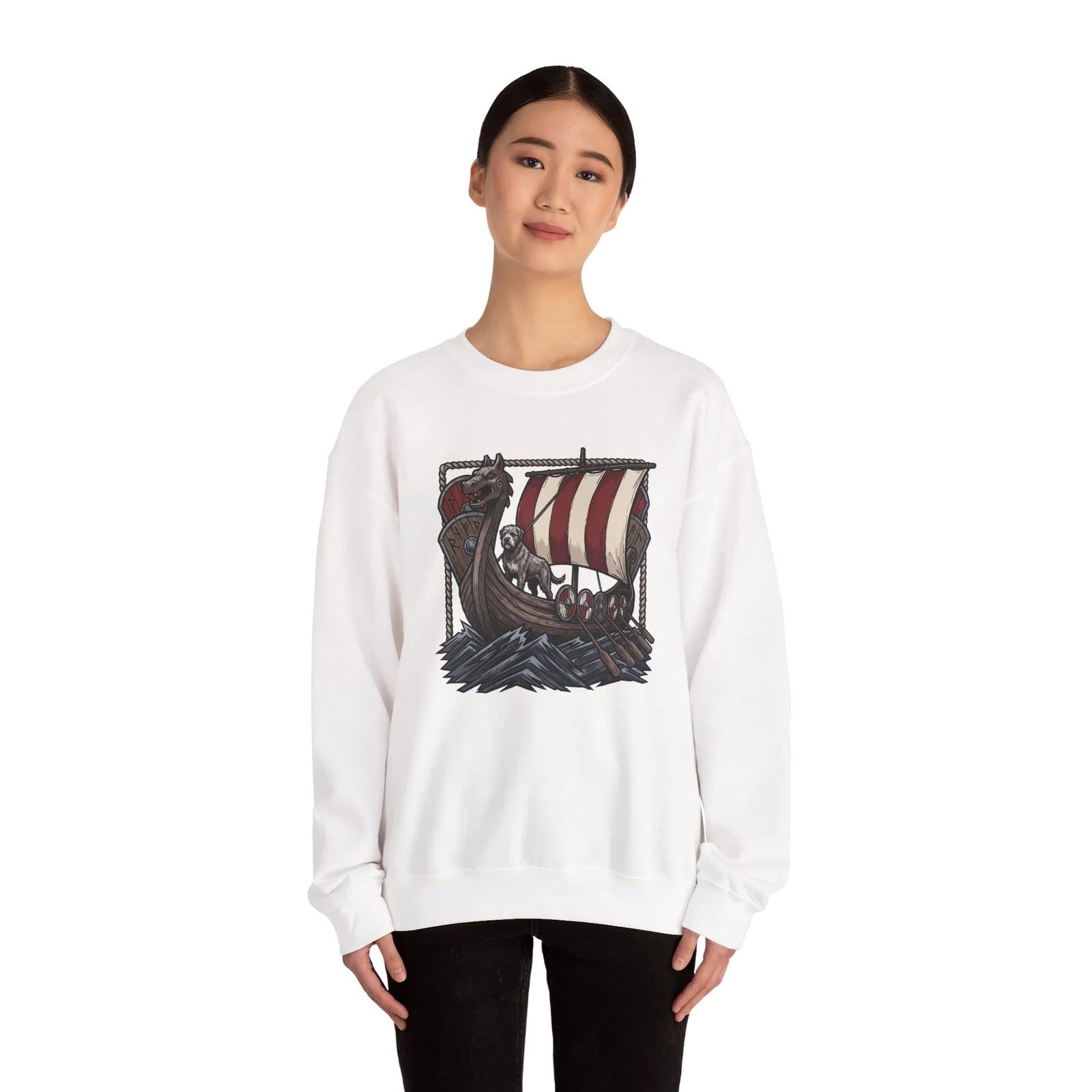 Viking Berserker Dogs Longship Prow Sweatshirt - Heavy Blend Cotton Poly Crewneck - Unisex White