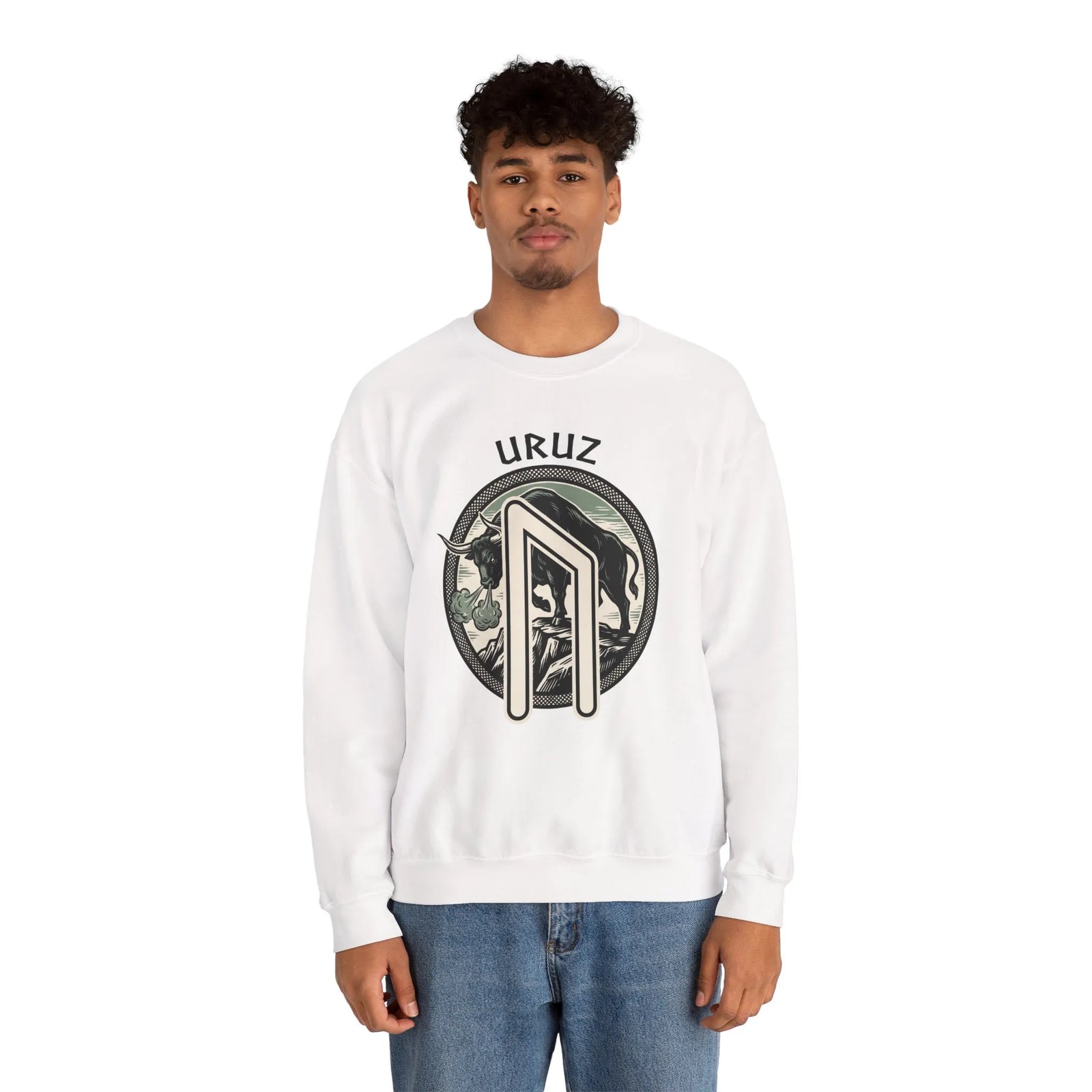 Uruz Rune Bull Norse Mythology Sweatshirt - Heavy Blend Cotton Poly Crewneck - Unisex White