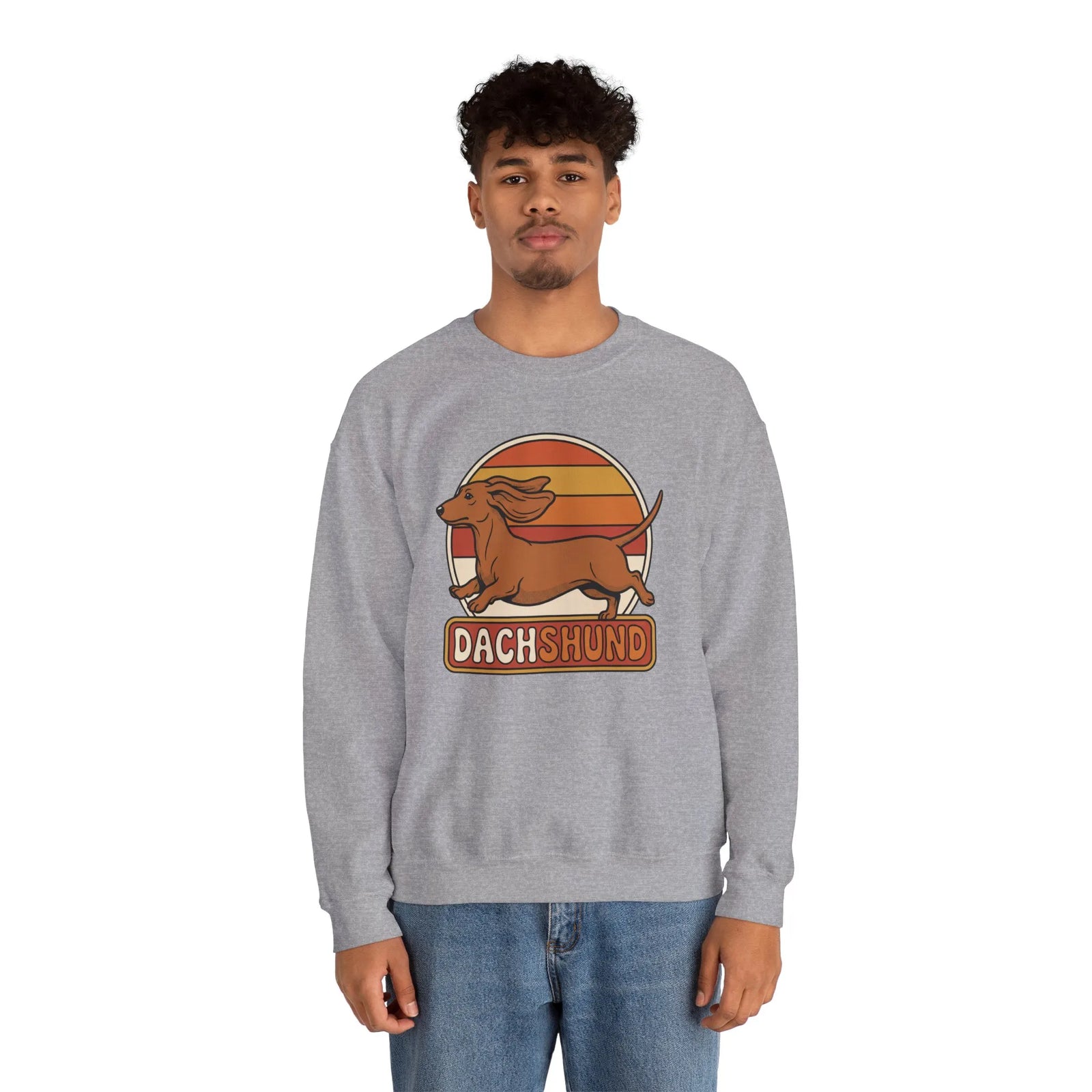 Retro 70s Sunset Dachshund Sweatshirt - Heavy Blend Cotton Blend Crewneck - Unisex White