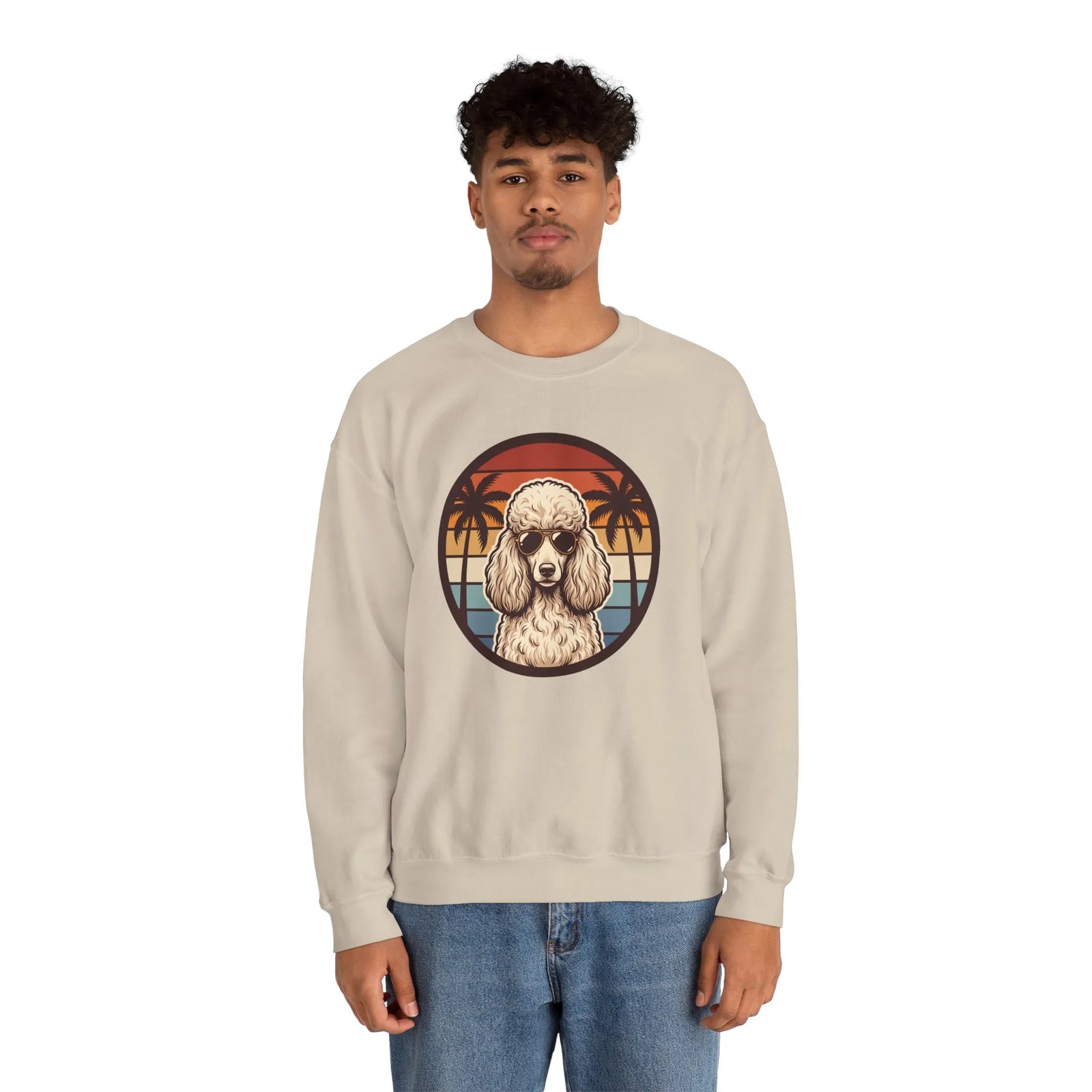 70s Sunset Poodle Aviators Graphic Sweatshirt - Heavy Blend Cotton-Poly Crewneck - Unisex White
