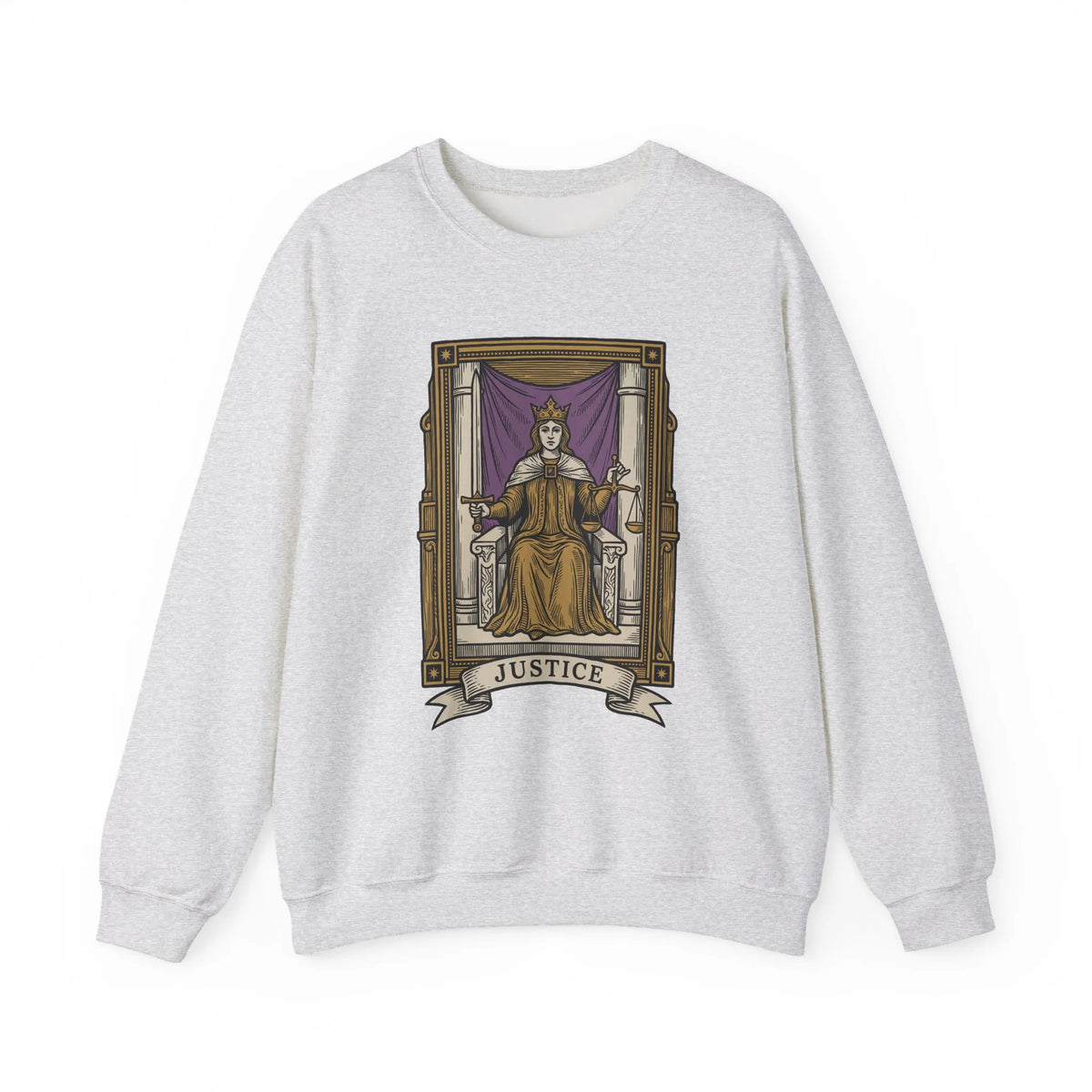 Justice Tarot Card Sweatshirt - Heavy Blend Cotton Poly Crewneck - Unisex White