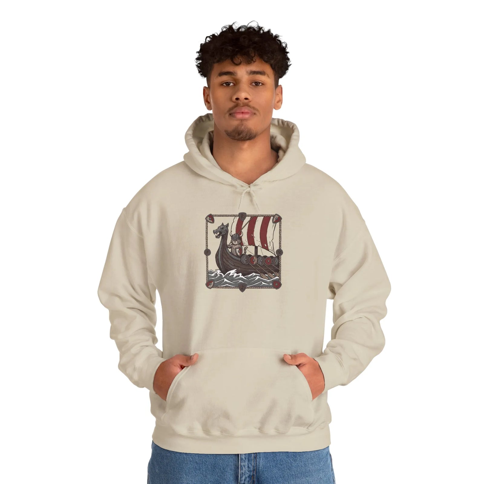 Viking Berserker Cats Longship Hoodie - Warm Cotton-Poly Fleece Pullover - Unisex White