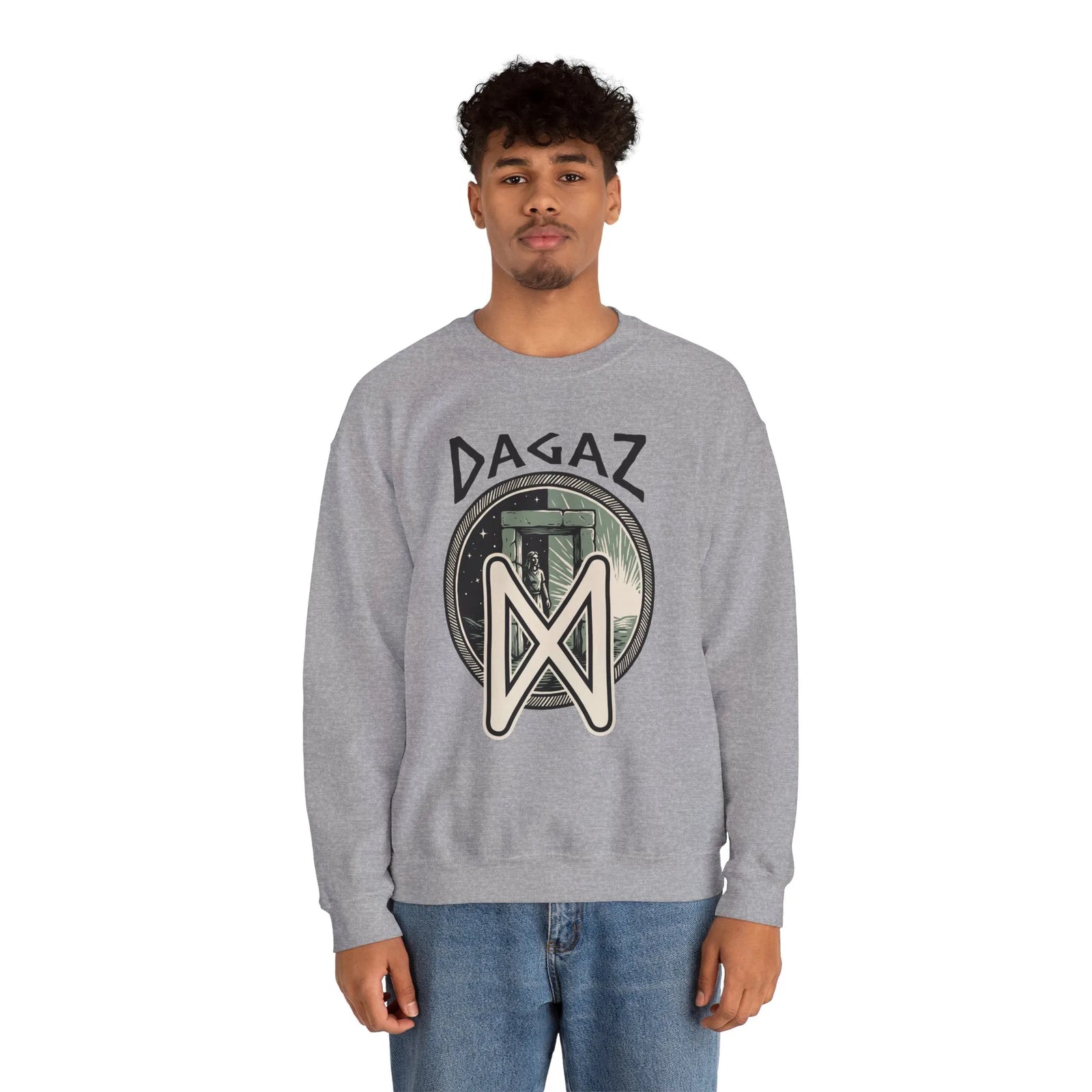 Dagaz Rune Dawn Dusk Graphic Sweatshirt - Heavyweight Cotton Poly Blend Crewneck - Unisex White