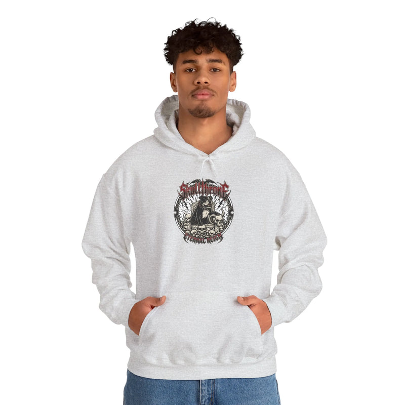 Skull Throne Rocker Dogs Graphic Hoodie - Heavy Blend Fleece Pullover - Unisex White