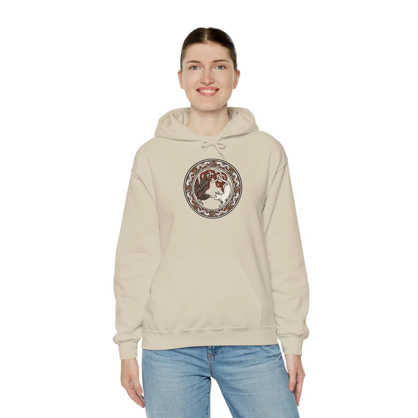 Freyja's Cats & Raven Norse Woodcut Hoodie - Soft Medium-Heavy Blend Pullover - Unisex White