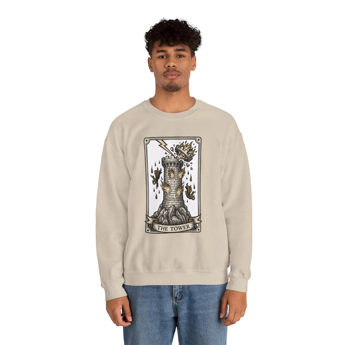 The Tower Tarot Card Sweatshirt - Heavy Blend Fleece Crewneck - Unisex White