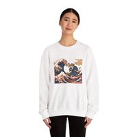 Ukiyo-e Samurai Cat Great Wave Sweatshirt - Heavy Blend Cotton Blend Crewneck - Unisex White