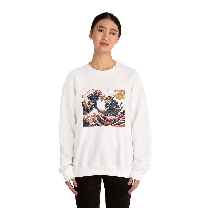 Ukiyo-e Samurai Cat Great Wave Sweatshirt - Heavy Blend Cotton Blend Crewneck - Unisex White
