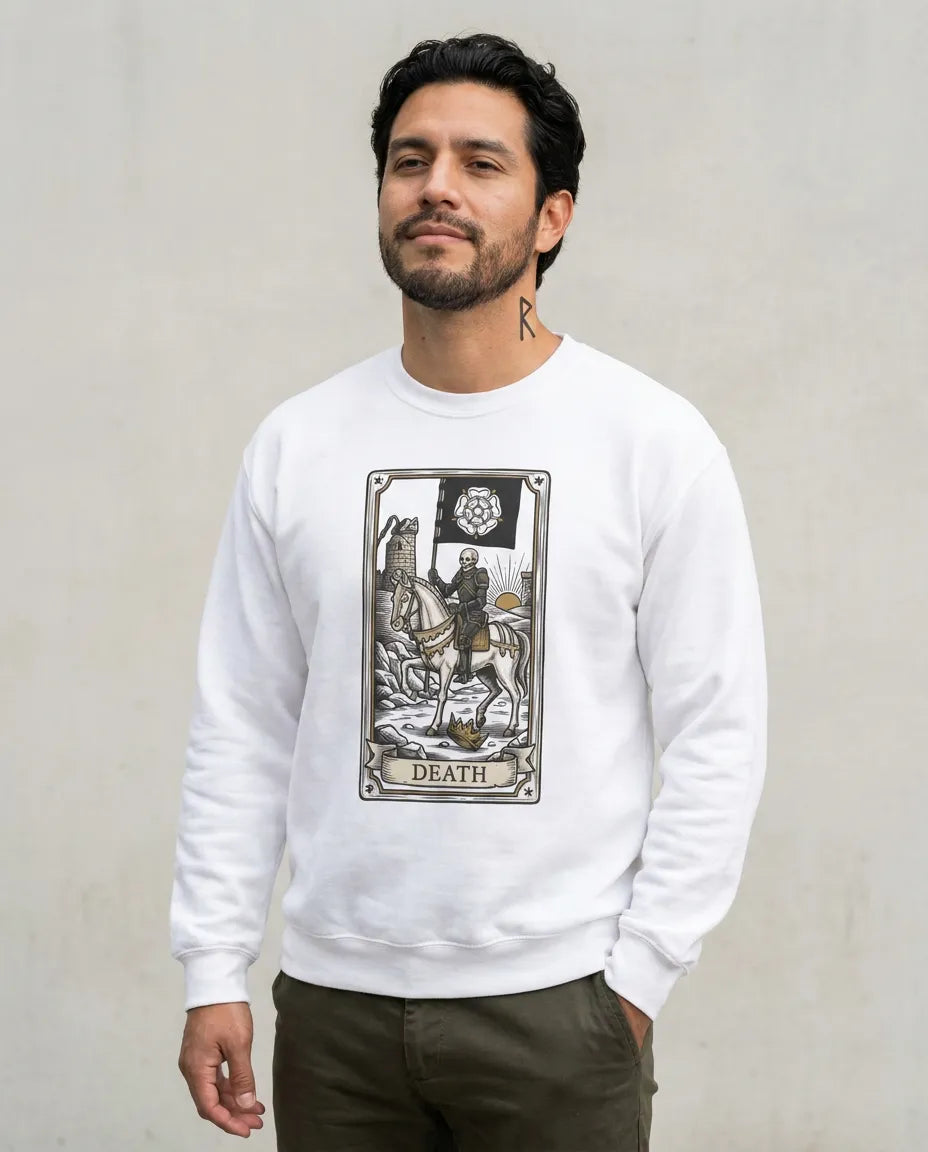 Tarot Death Card Graphic Sweatshirt - Heavy Blend Classic Fit Crewneck - Unisex White