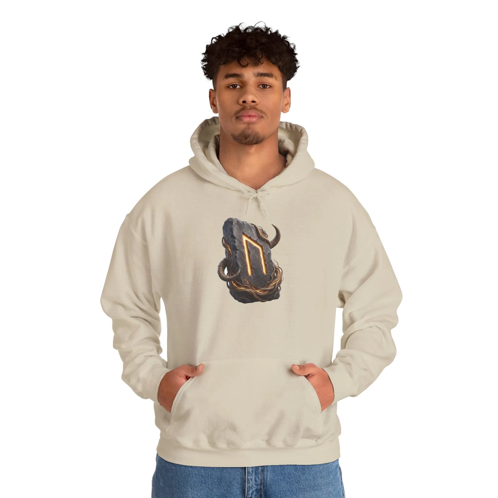Uruz Runic Symbol Hoodie - Heavy Blend Fleece Pullover - Unisex Off White