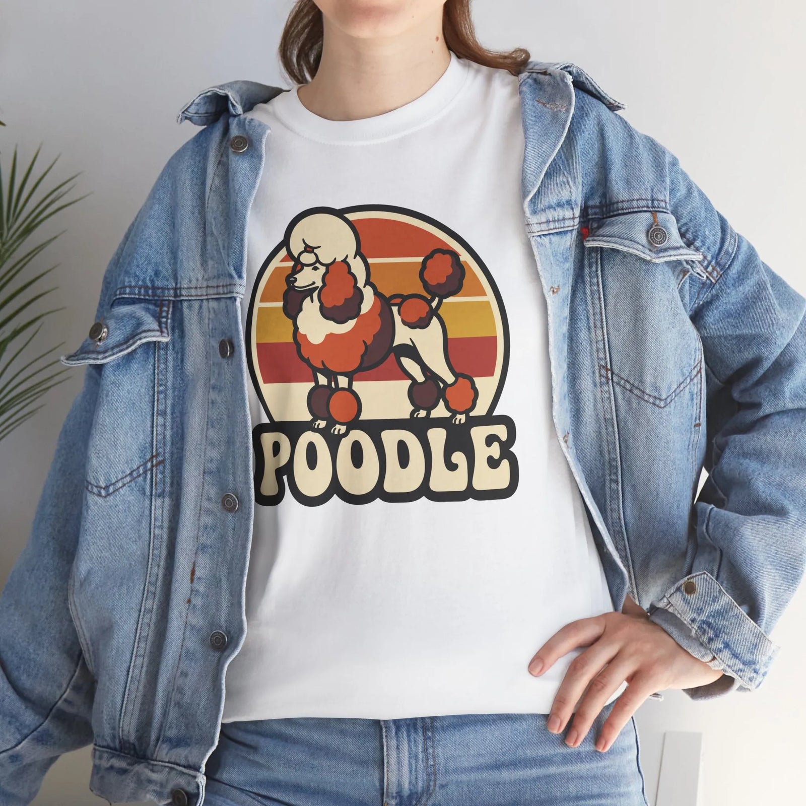 Poodle Retro 70s Sunset T-Shirt - Heavy Cotton Classic Fit Tee - Unisex White