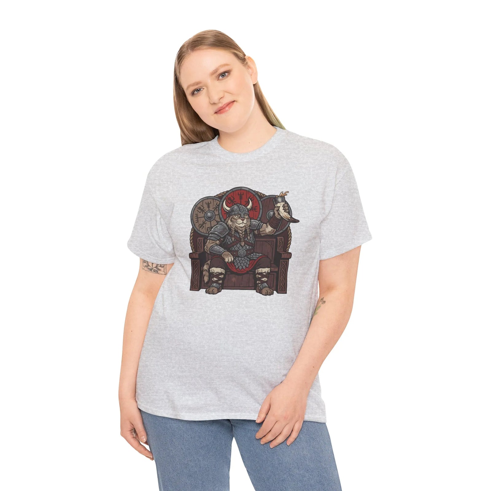 Viking Berserker Cat Graphic T-Shirt - Heavyweight 100% Cotton Classic Tee - Unisex White