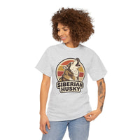 Siberian Husky Retro Sunset T-Shirt - Heavy Cotton Classic Fit Tee - Unisex White