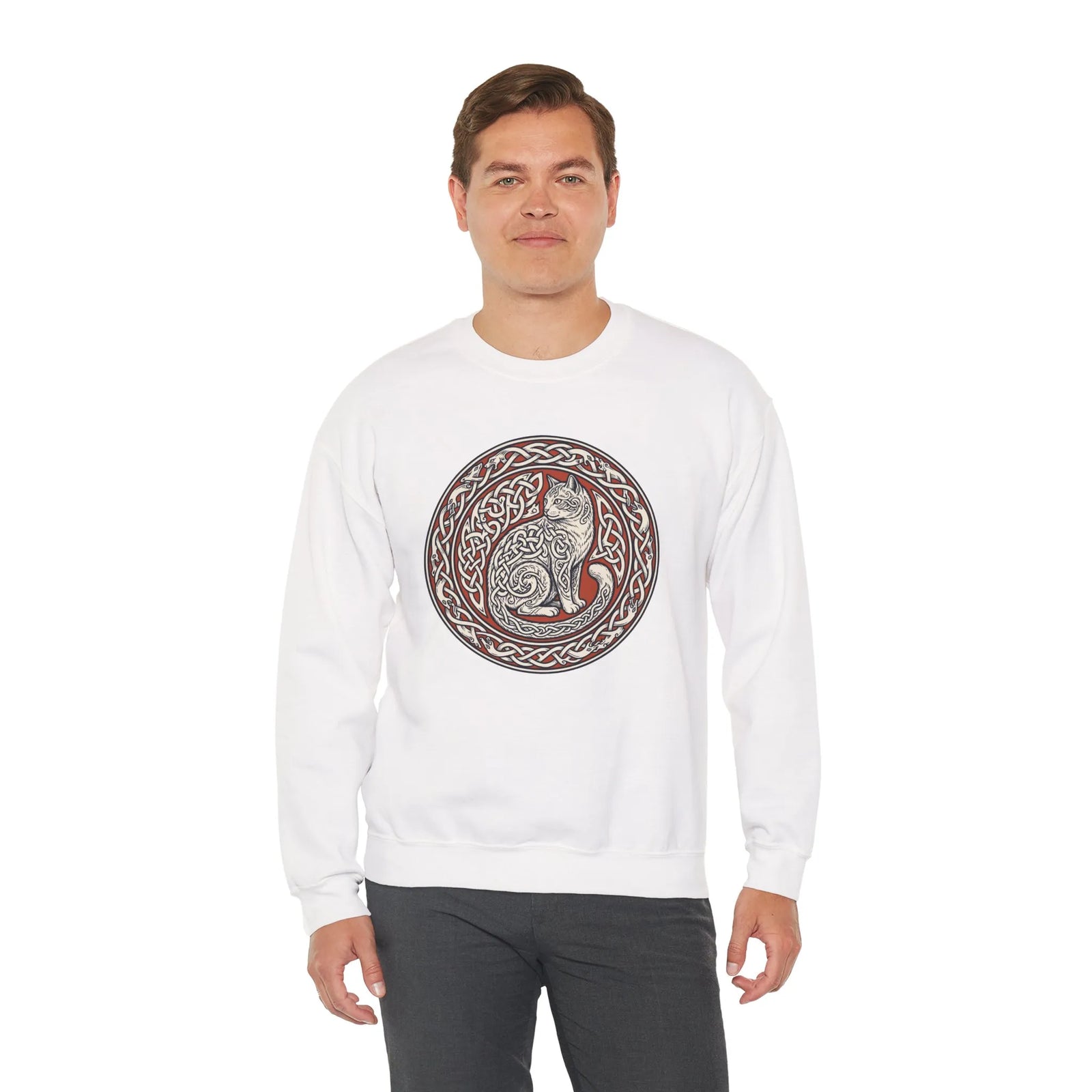 Norse Knotwork Cat Graphic Sweatshirt - Heavy Blend Cotton Blend Crewneck - Unisex White