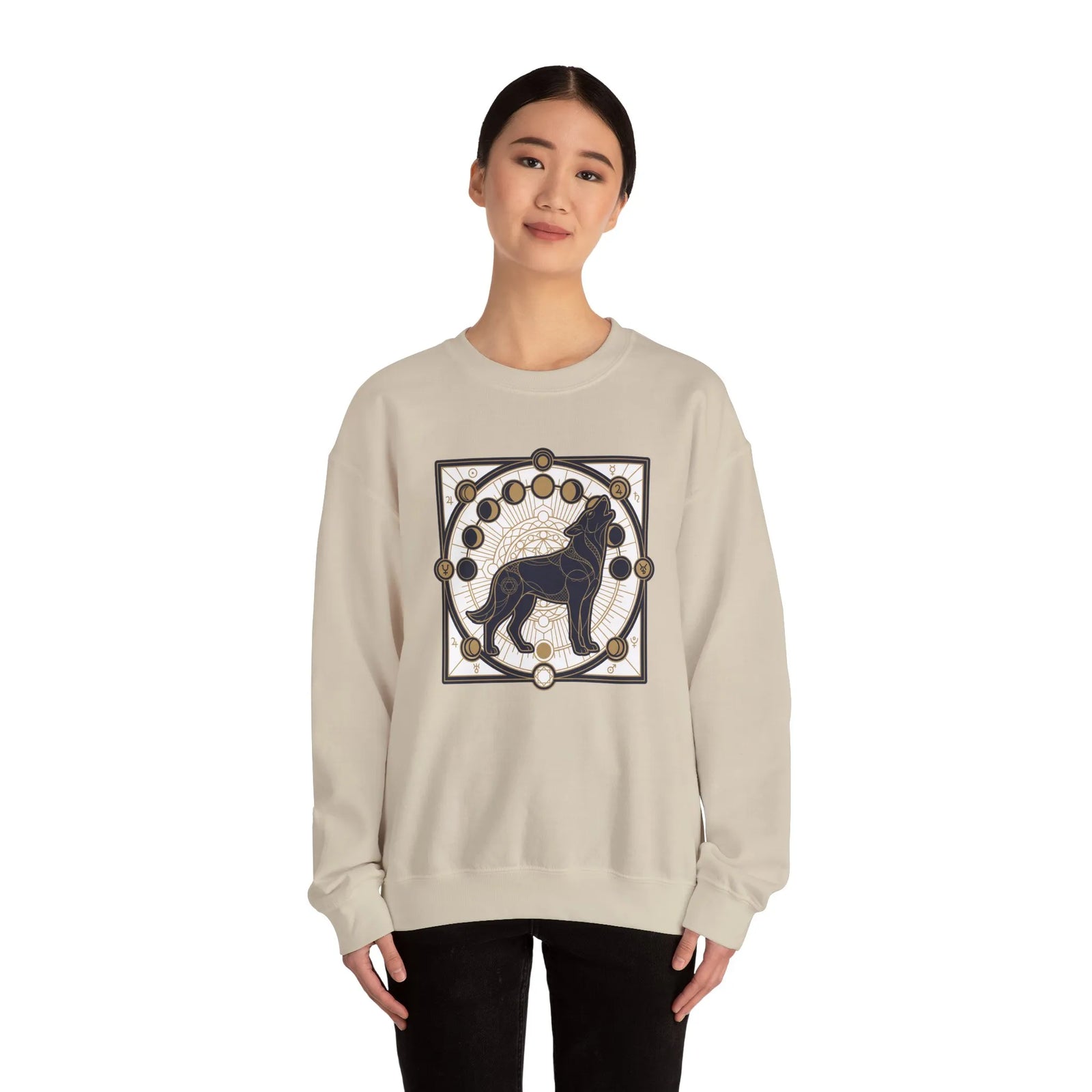 Sacred Geometry Spirit Dog Sweatshirt - Heavyweight Cotton Blend Crewneck - Unisex White