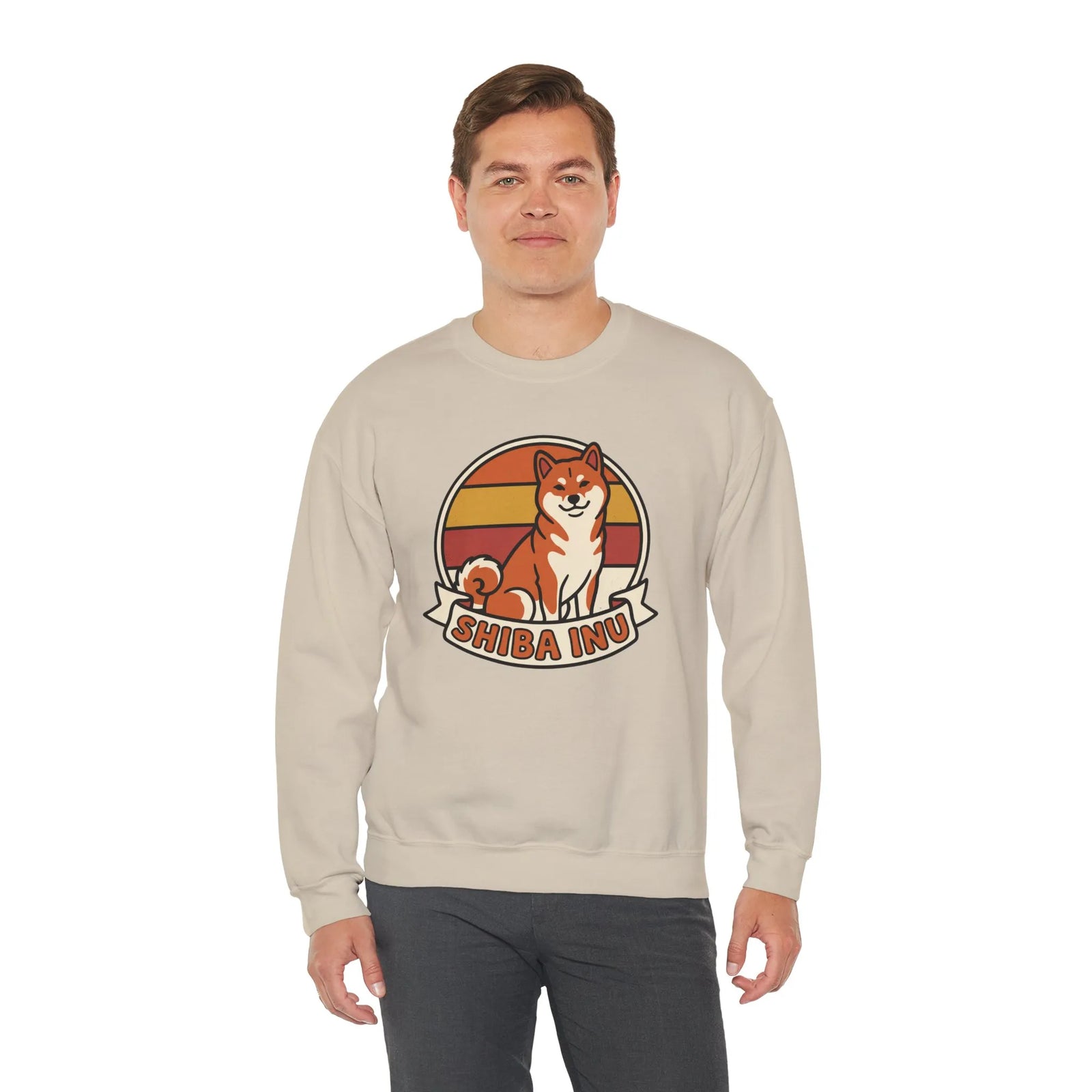 Shiba Inu Retro Sunset Graphic Sweatshirt - Heavy Blend Fleece Crewneck - Unisex White