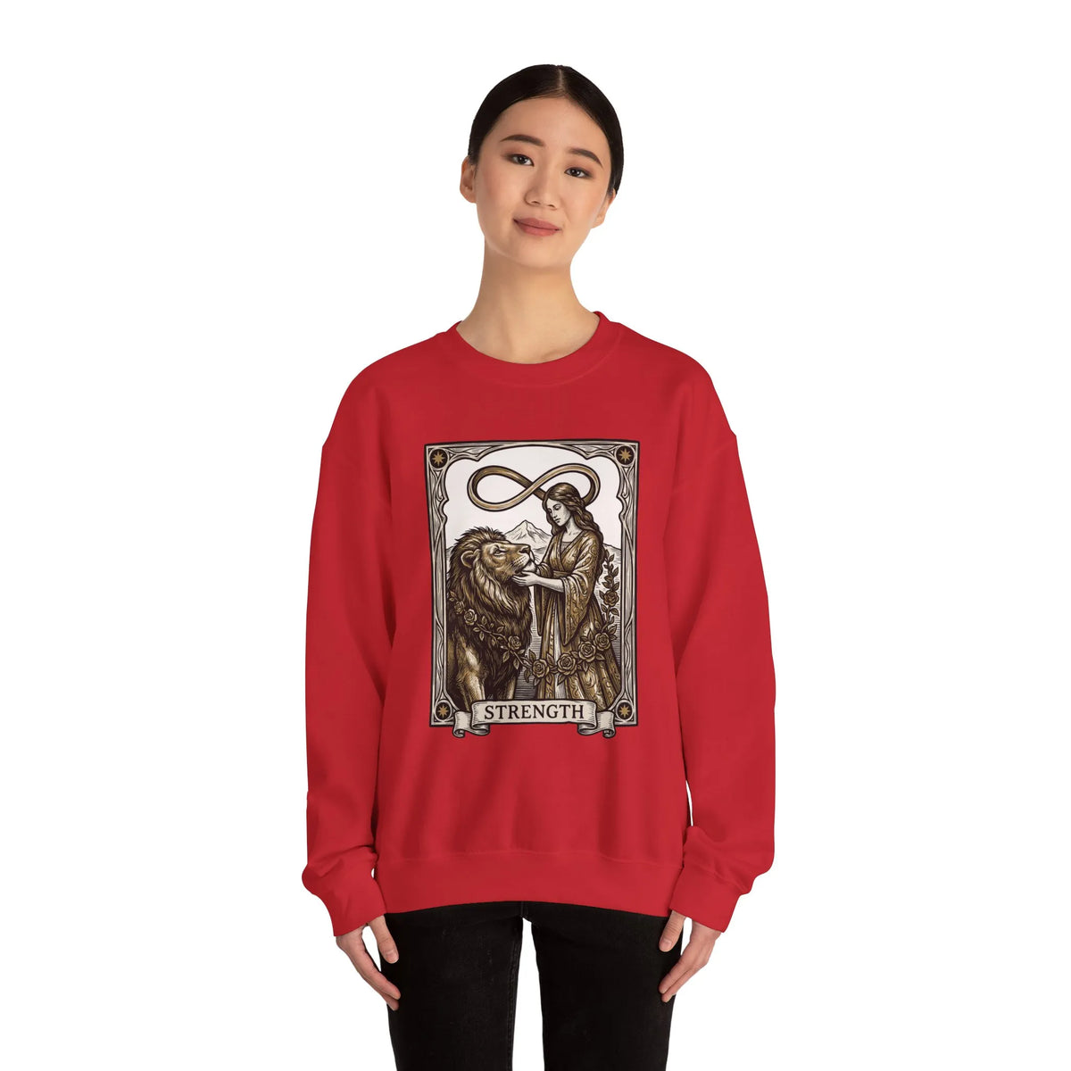 Strength Tarot Card Sweatshirt - Heavy Blend Crewneck Fleece - Unisex White