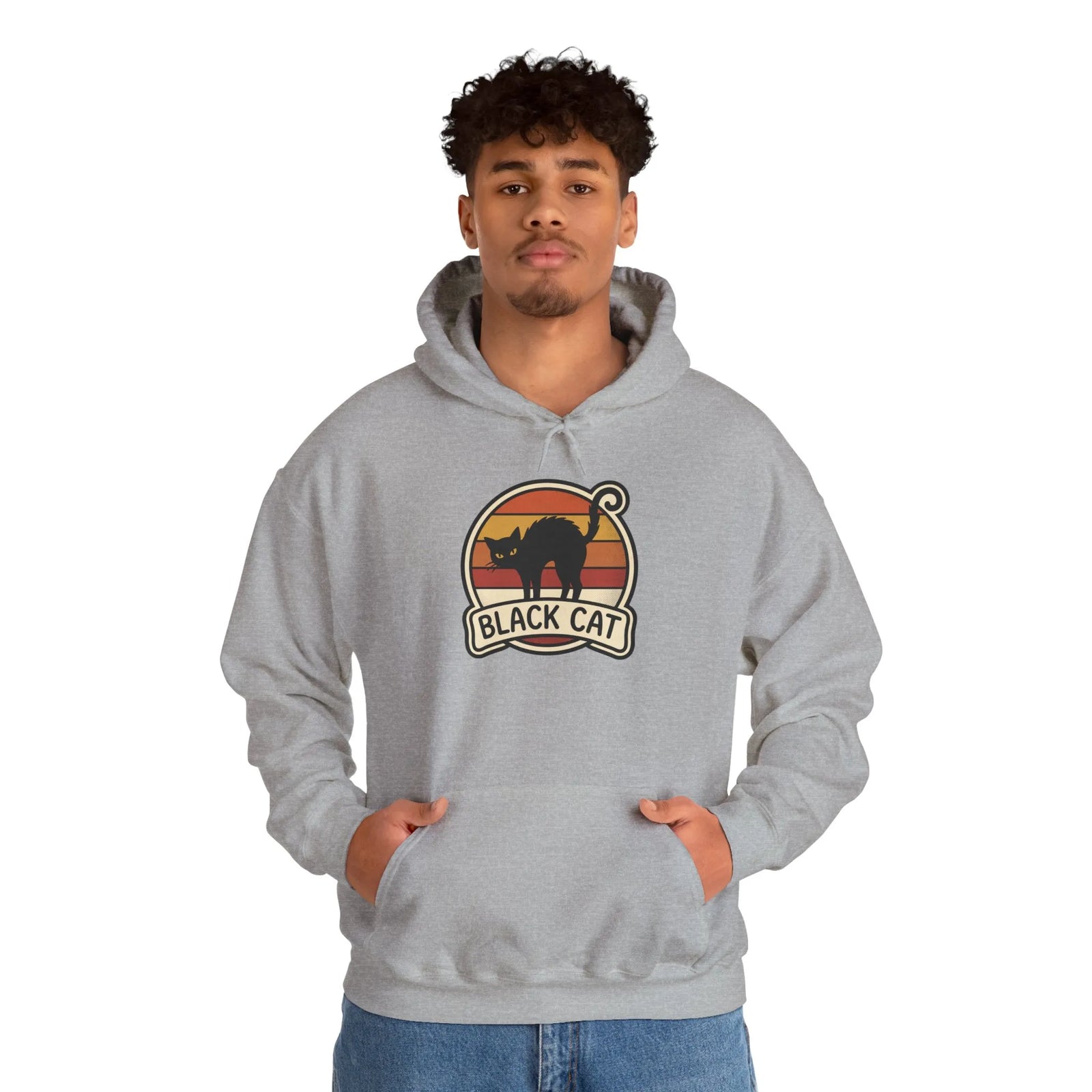 Black Cat Retro Sunset Hoodie - Heavy Blend Cotton-Poly Fleece - Unisex White