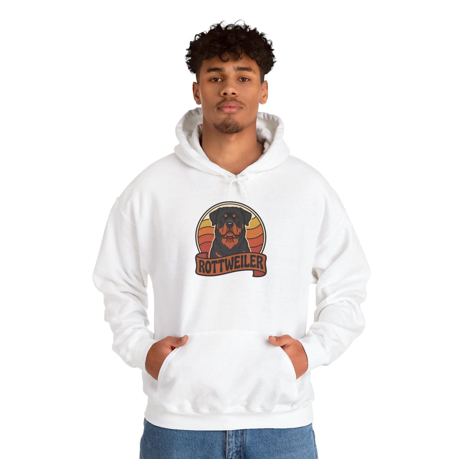 Rottweiler Retro 70s Sunset Hoodie - Soft Blend Classic Fit Pullover - Unisex White