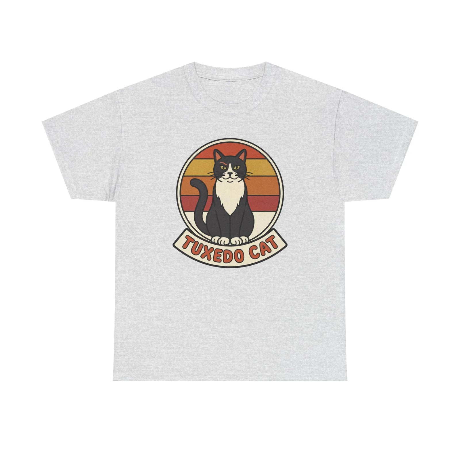 Tuxedo Cat Retro Sunset Graphic T-Shirt - Heavy Cotton Classic Fit Tee - Unisex White