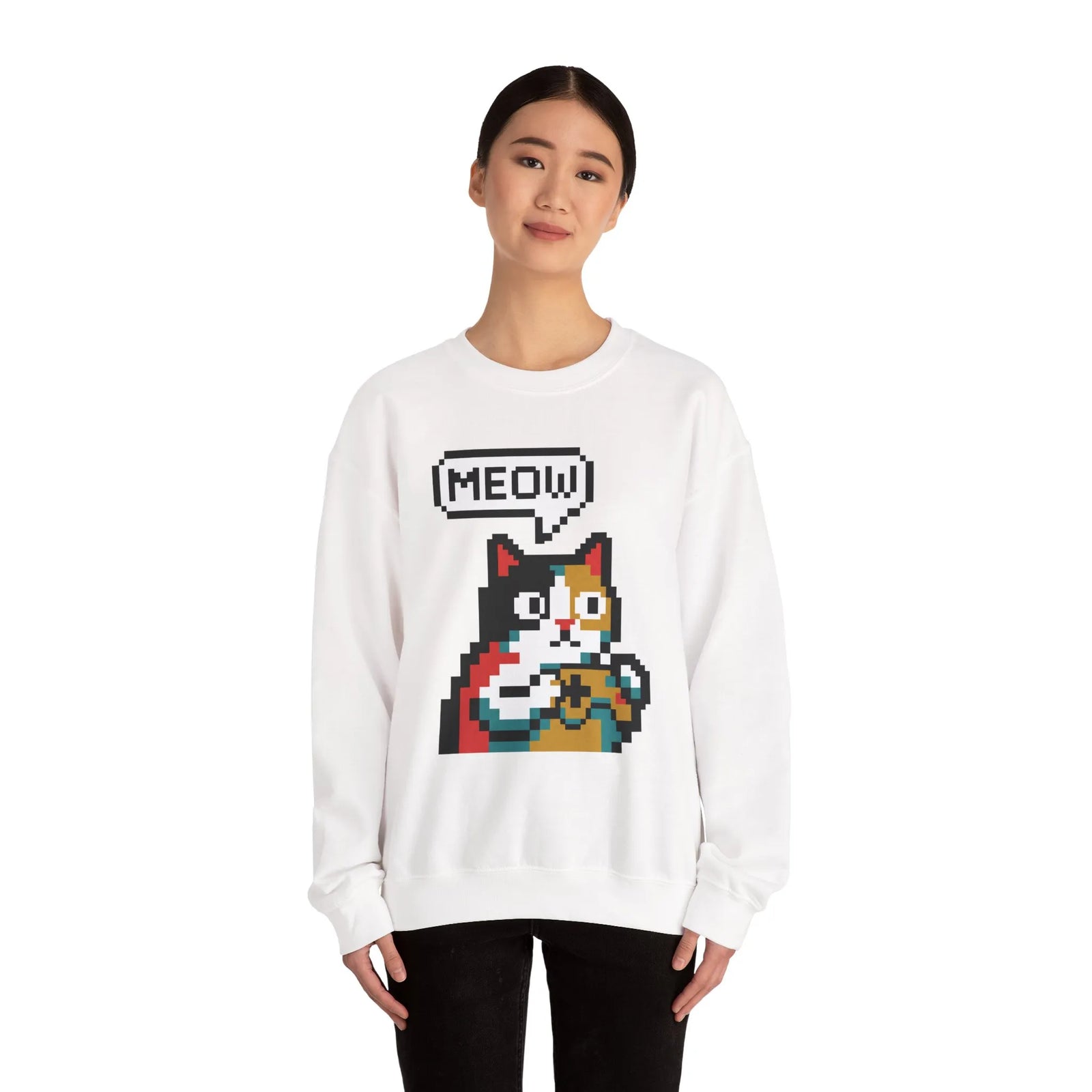 8-Bit Pixel Gaming Cat Sweatshirt - Heavy Blend Crewneck Classic Fit - Unisex White