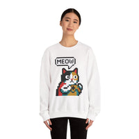 8-Bit Pixel Gaming Cat Sweatshirt - Heavy Blend Crewneck Classic Fit - Unisex White
