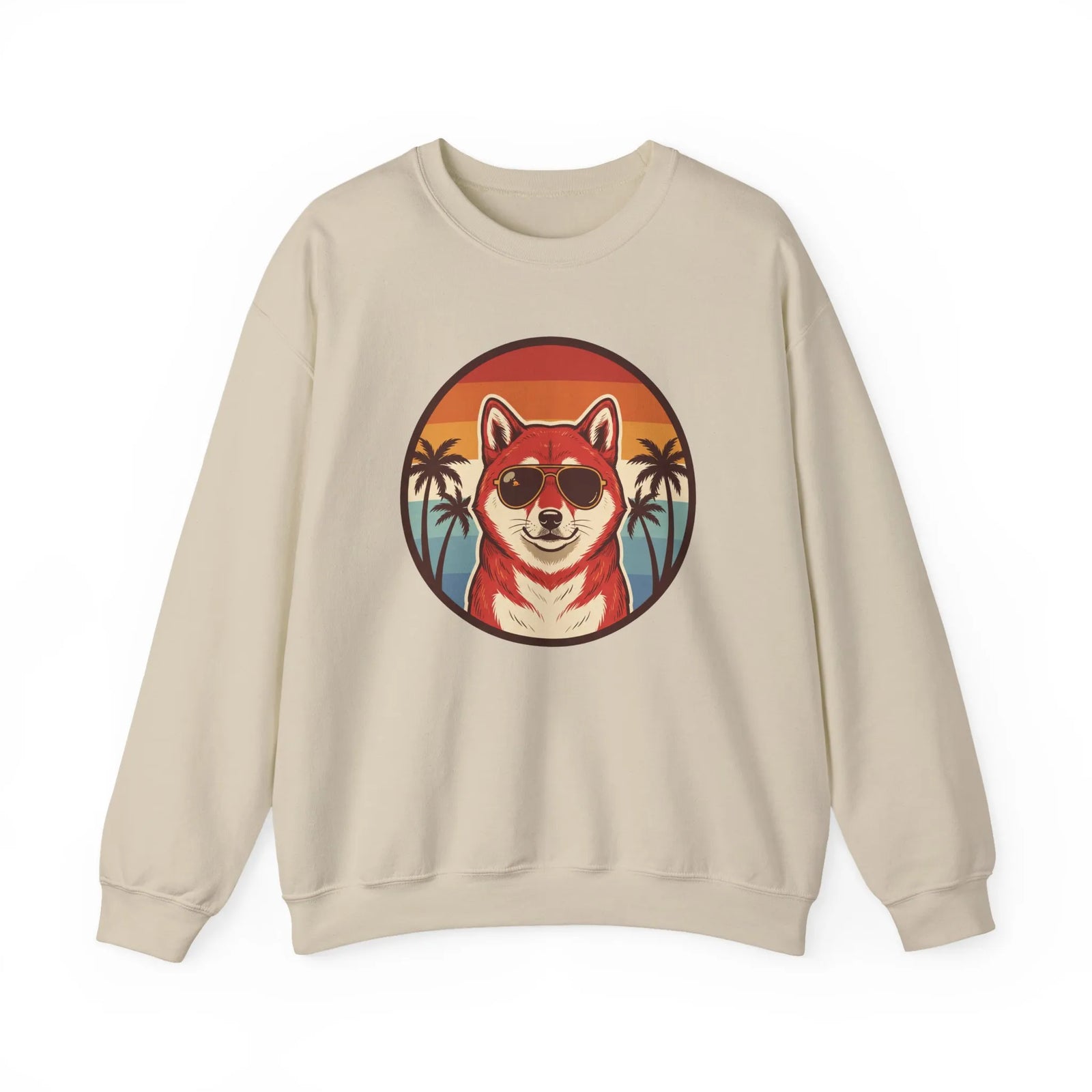 Shiba Inu Cool Dog 70s Sunset Sweatshirt - Heavy Blend Fleece Crewneck - Unisex White