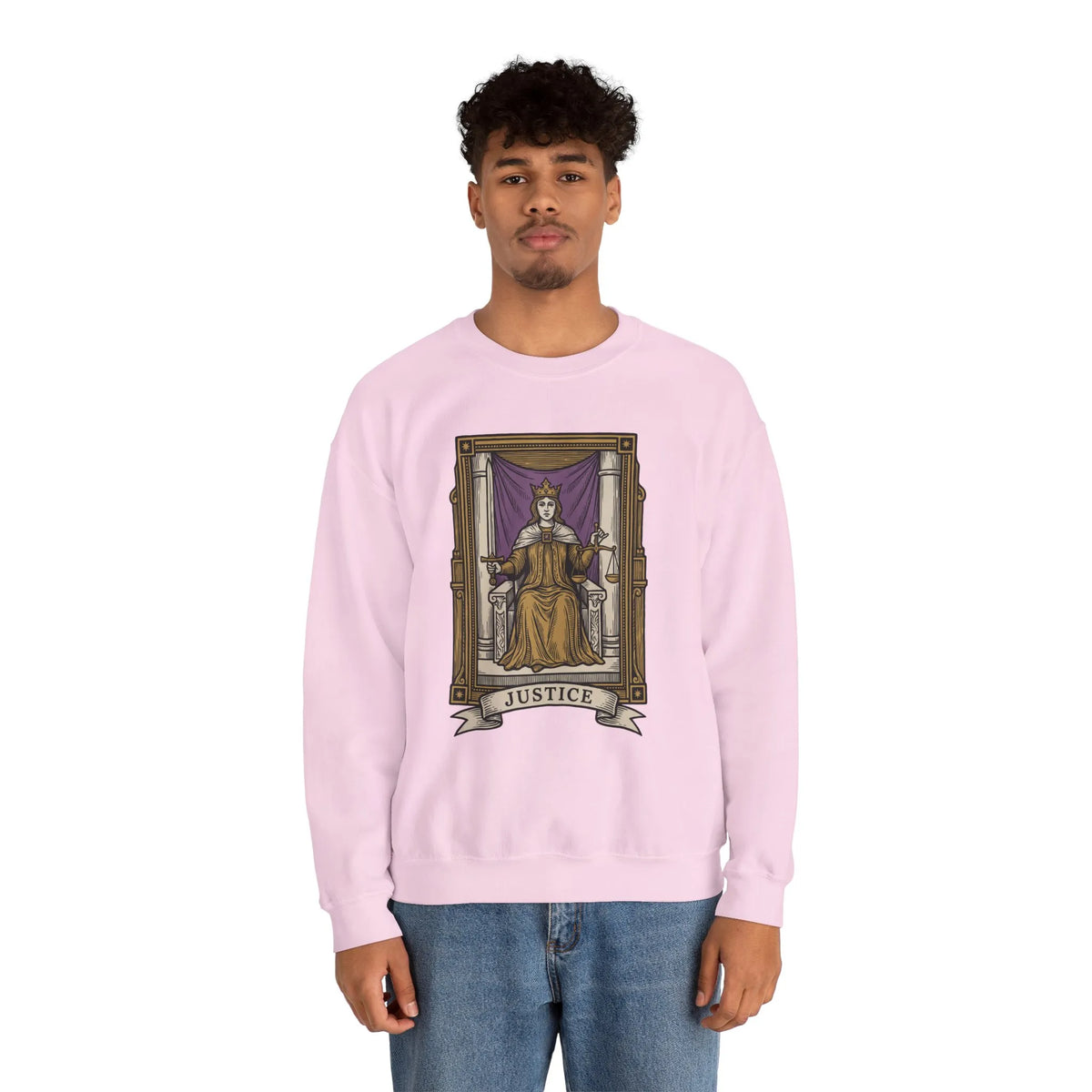 Justice Tarot Card Sweatshirt - Heavy Blend Cotton Poly Crewneck - Unisex White