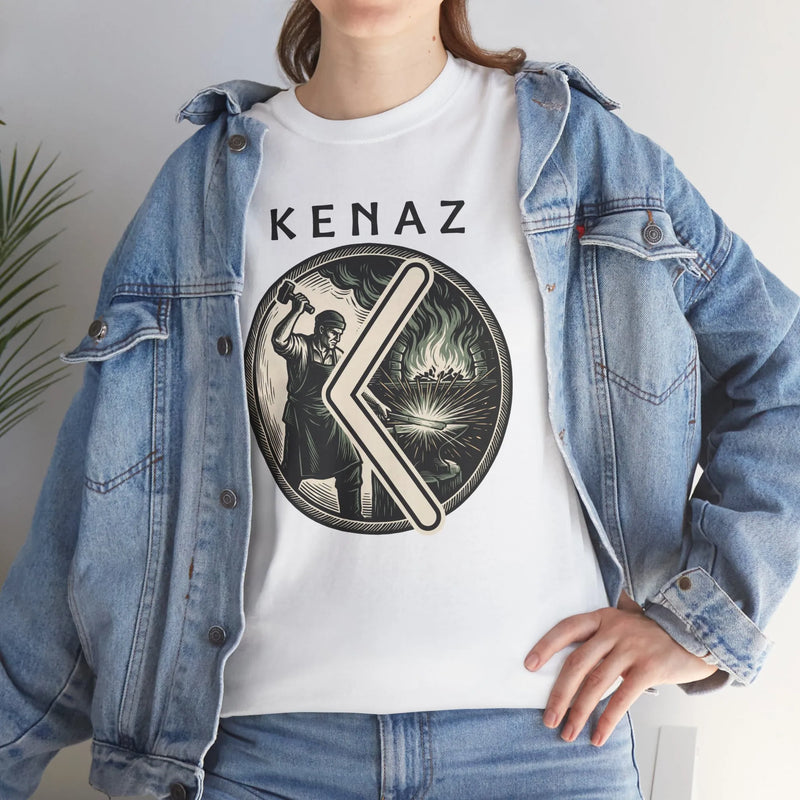 Kenaz Rune Forge Blacksmith T-Shirt - Heavyweight 100% Cotton Classic Fit Tee - Unisex White