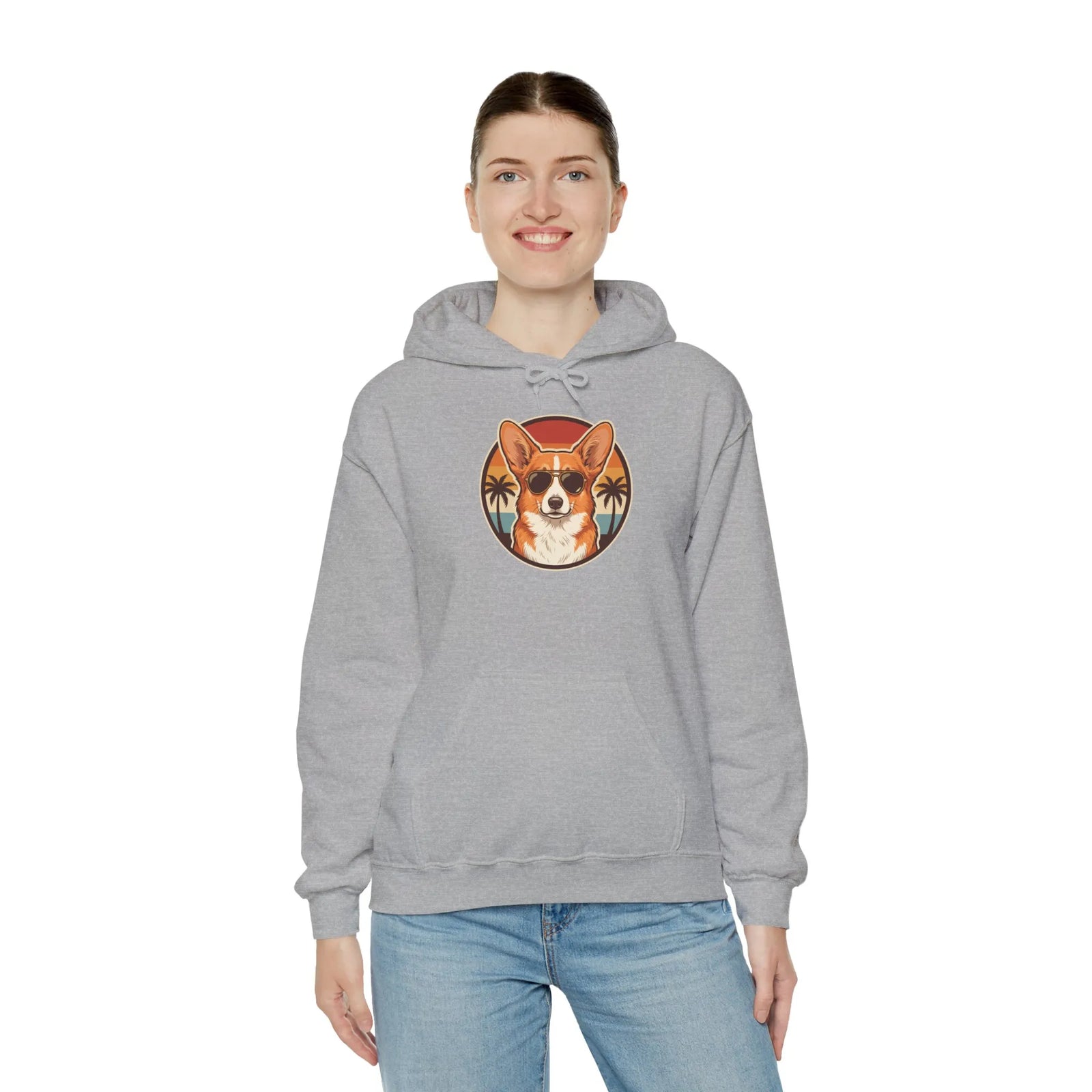 Corgi Aviator Retro Sunset Hoodie - Heavyweight Fleece Pullover - Unisex White