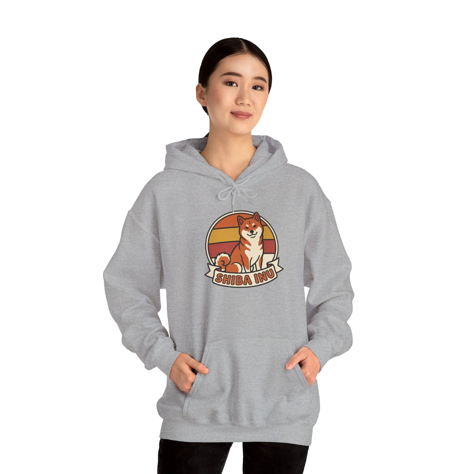 Shiba Inu Retro 70s Sunset Graphic Hoodie - Medium-Heavy Cotton Blend Fleece - Unisex White