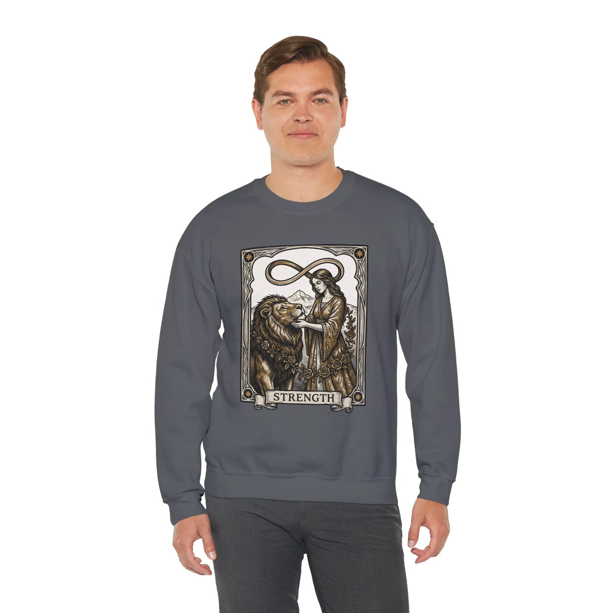 Strength Tarot Card Sweatshirt - Heavy Blend Crewneck Fleece - Unisex White