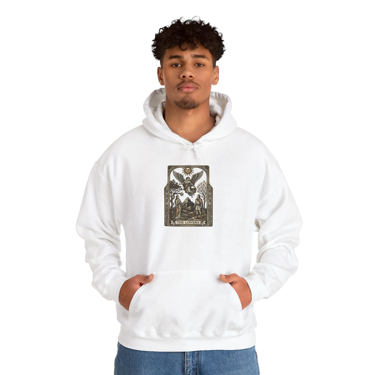 The Lovers Tarot Card Hoodie - Medium-Weight Fleece Pullover - Unisex White