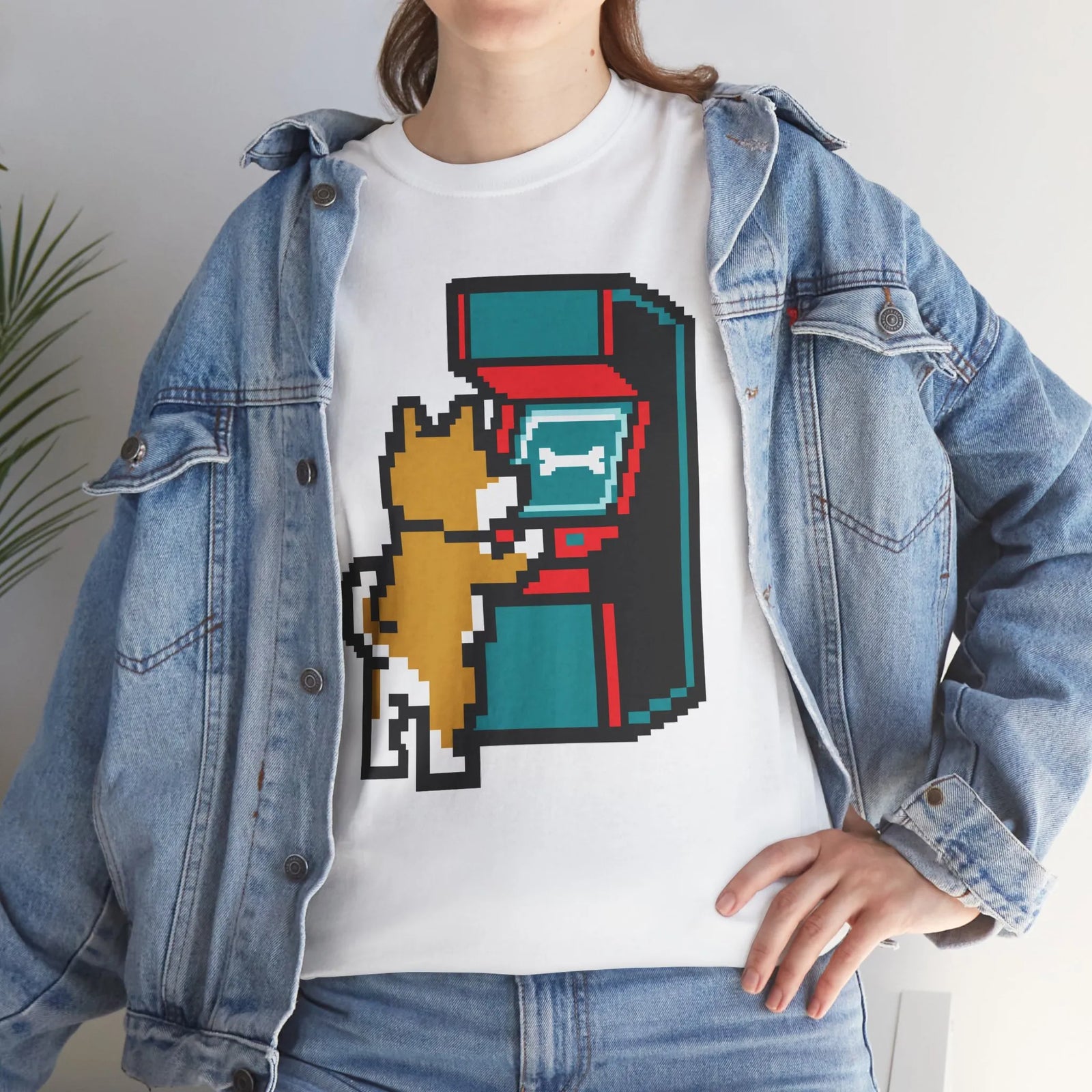 8-Bit Pixel Gaming Dog T-Shirt - Heavyweight Cotton Classic Fit Tee - Unisex White